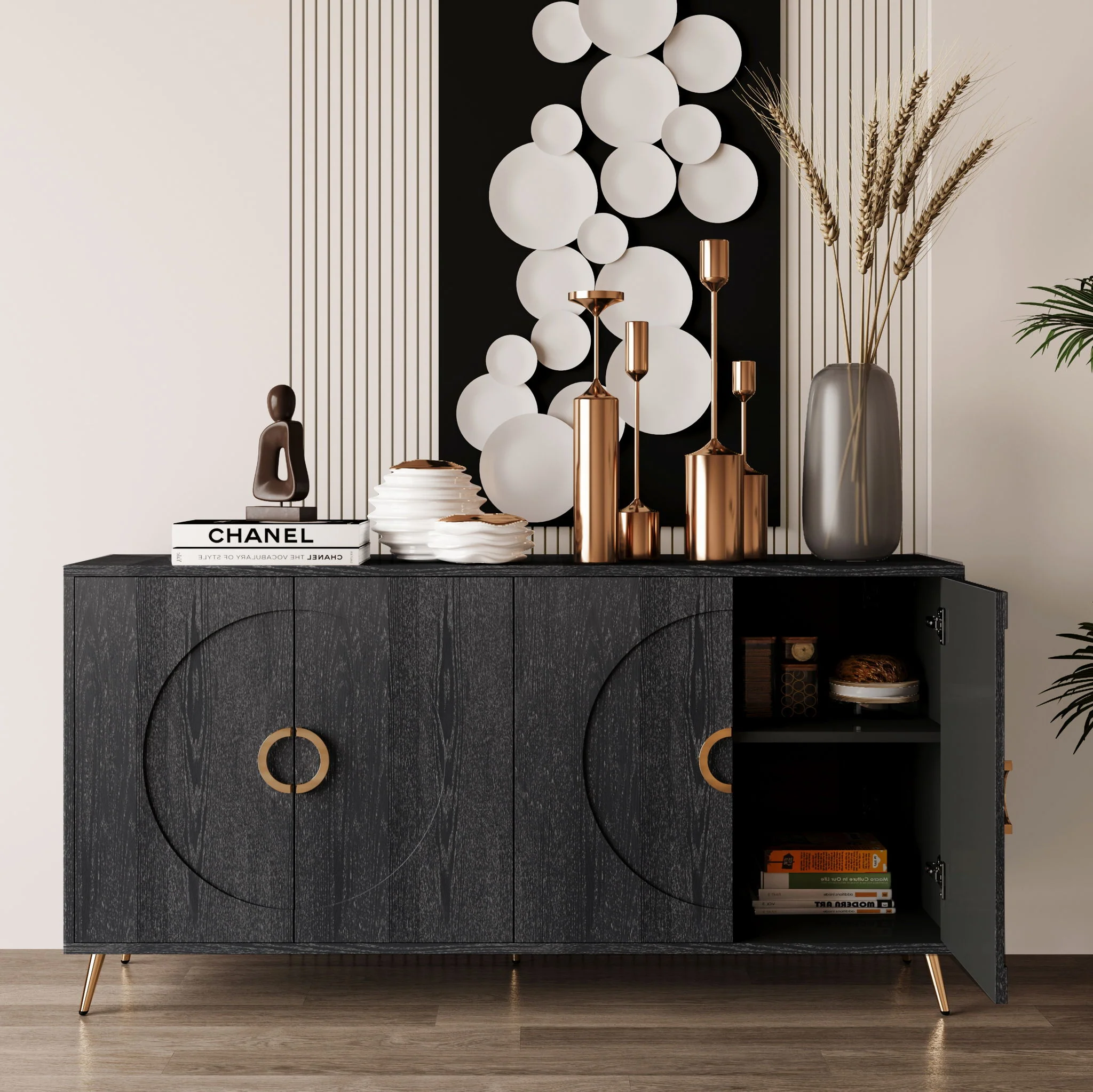 Modern Sideboard Buffet Server Cabinet Lacquered Wood Storage 60x31in - Image 18