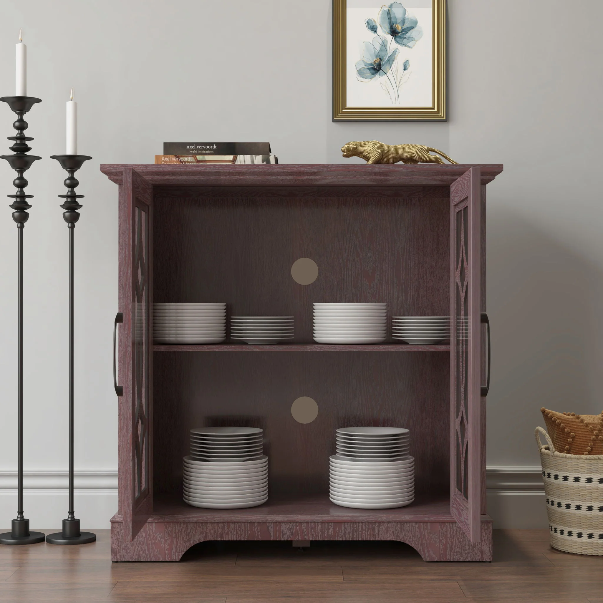 Modern Sideboard With Tempered Glass Doors - Ox Blood Red - Image 9