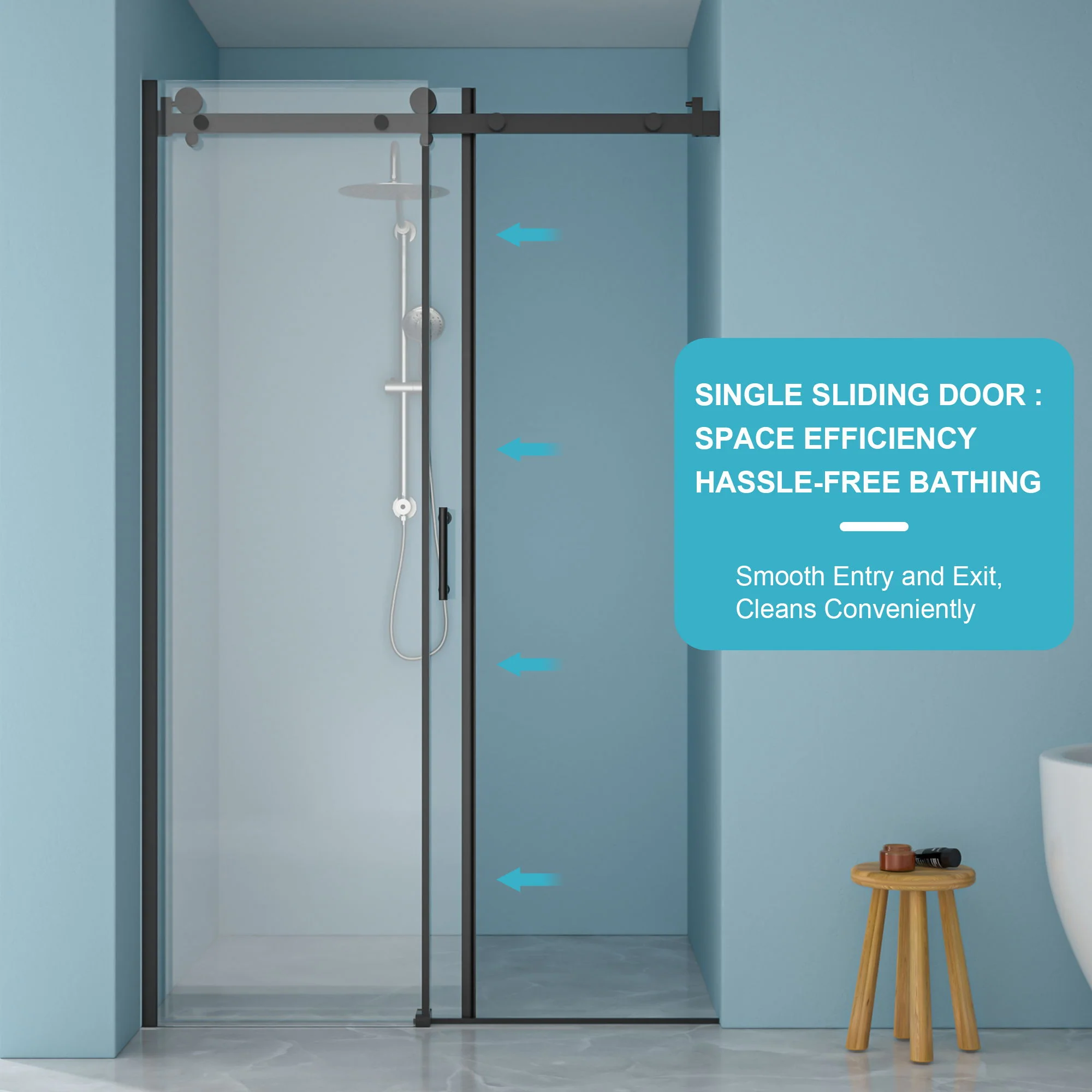 Modern Single Slide Shower Door, Tempered Glass, Stainless Steel Frame - Image 6