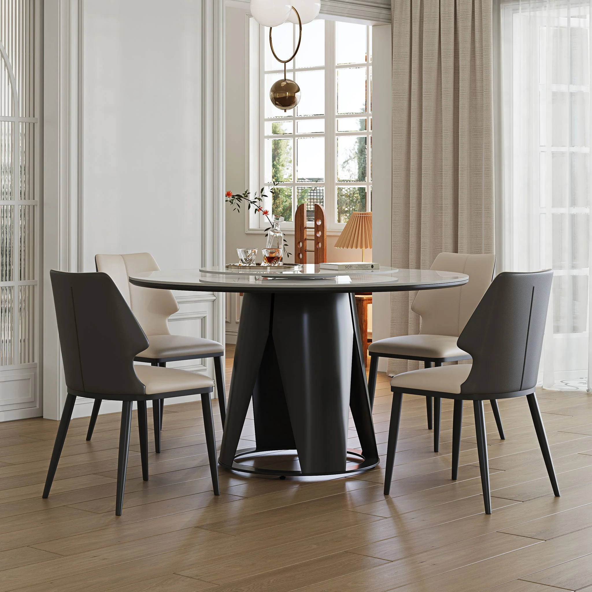 Modern Sintered Stone Dining Table With Round Turntable, Metal Pedestal, And Chairs - Image 3