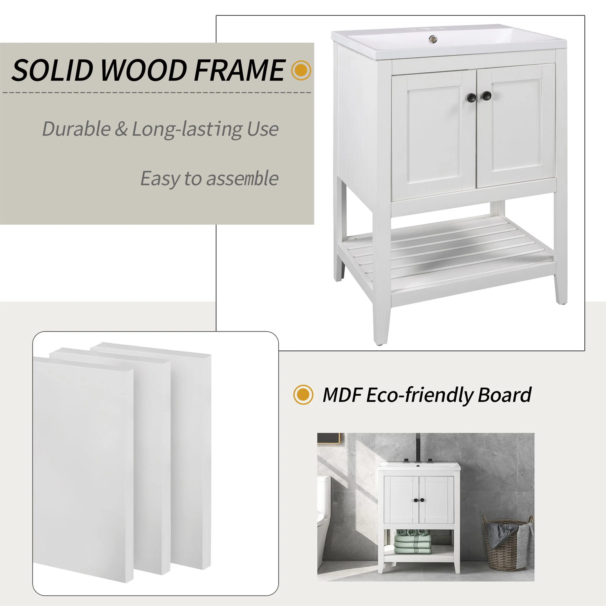Modern Sleek Bathroom Vanity Elegant Ceramic Sink With Solid Wood Frame Open Style Shelf - White - Image 2