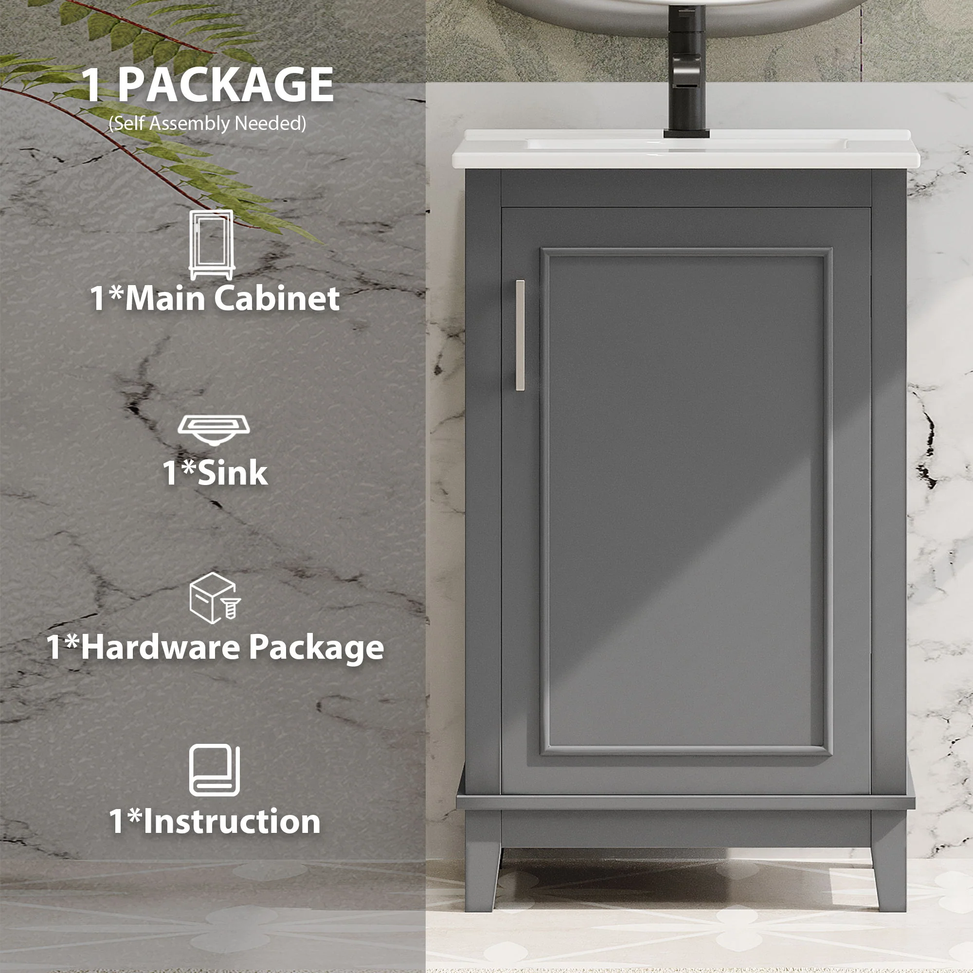 Modern Small Bathroom Vanity Cabinet With Ceramic Basin, Ample Storage, 1 Soft Close Door - Image 16
