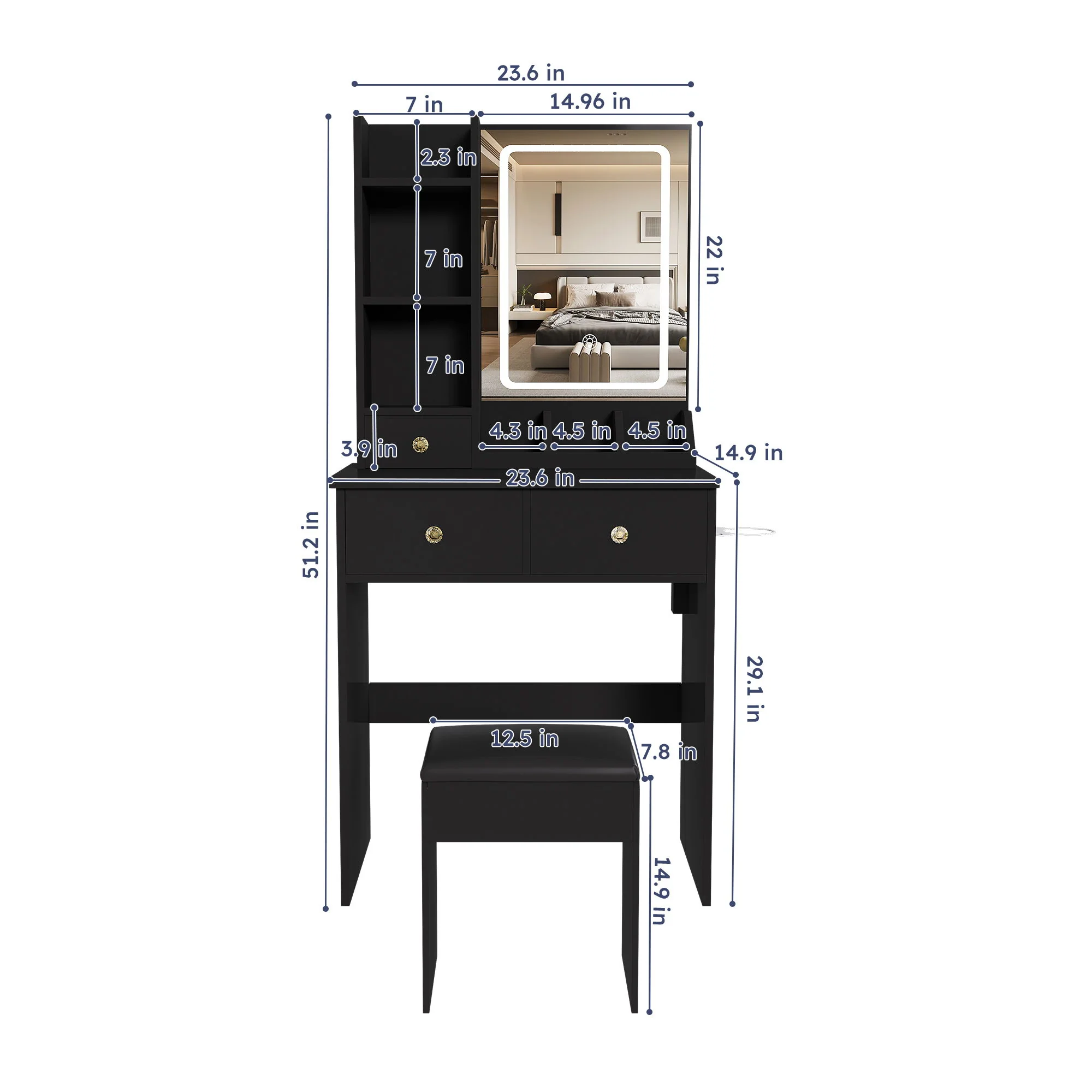 Modern Small Vanity Desk With 3 LED Lighting Modes, 3 Drawers - Image 16