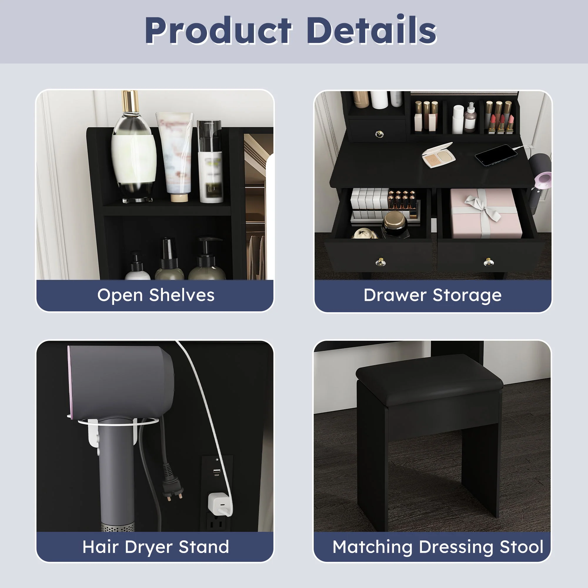 Modern Small Vanity Desk With 3 LED Lighting Modes, 3 Drawers - Image 21