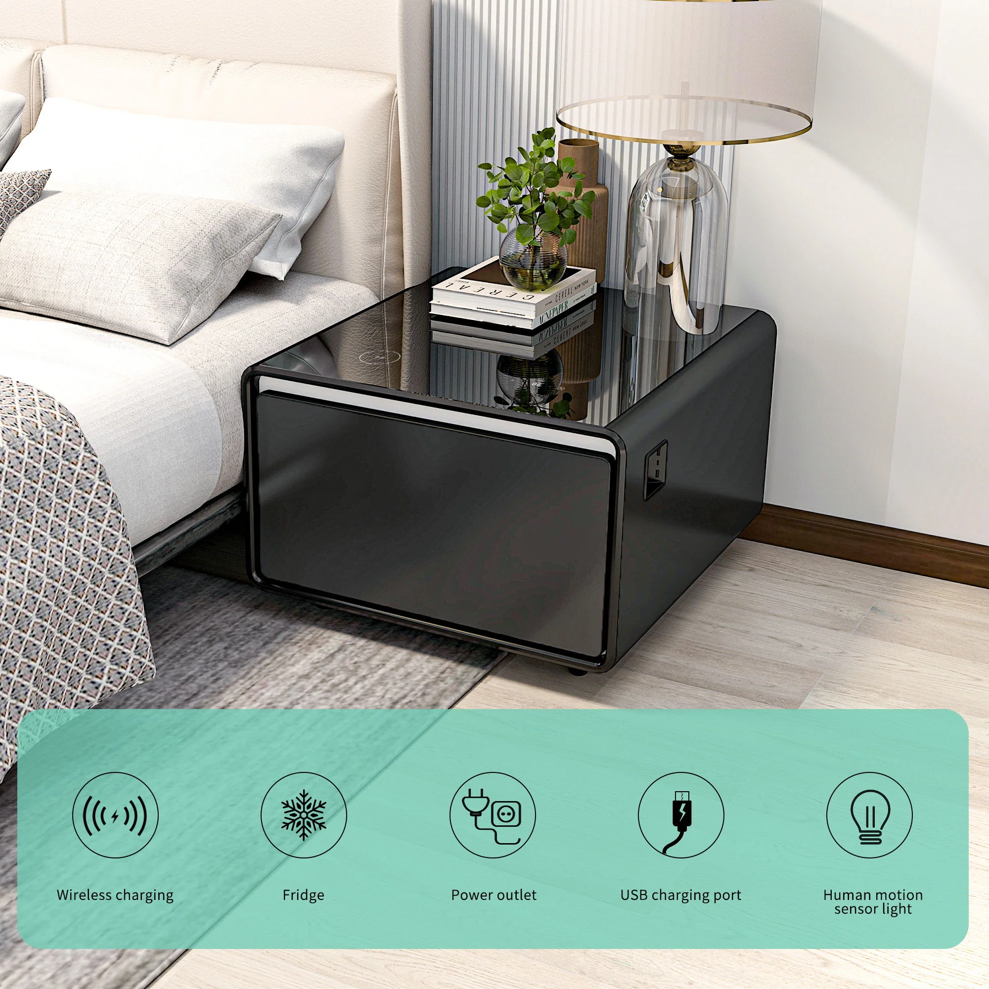 Modern Smart Side Table With Built-In Fridge, Wireless Charging, Temperature Control, Power Socket, USB Ports, Outlet Protection, Induction Light - Image 14