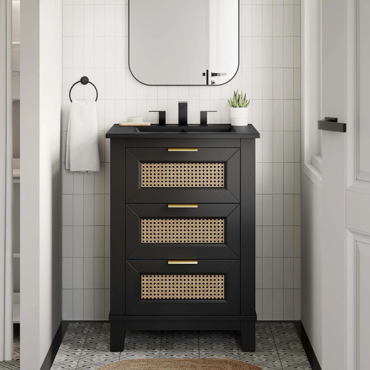 Modern Solid Wood Bathroom Vanity with Rattan Drawers, Contemporary Bathroom Furniture - Image 11