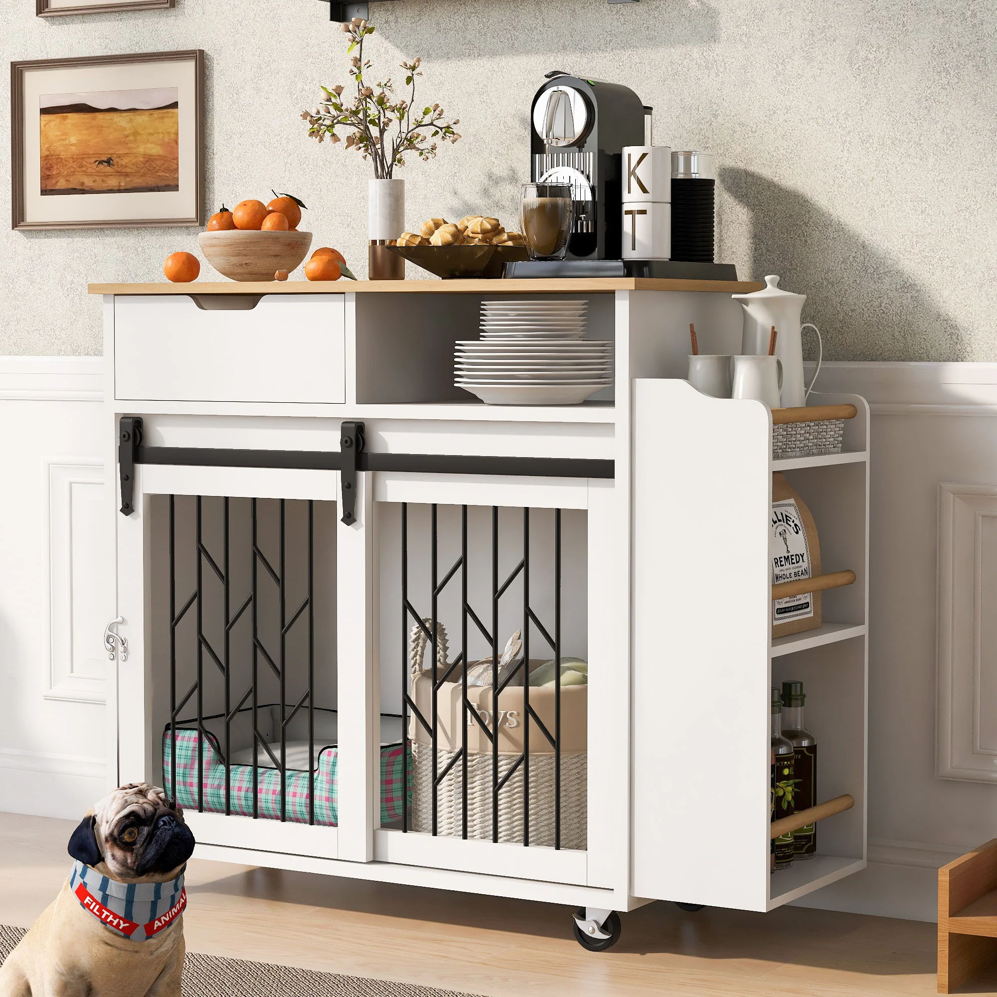 Modern Style 2 In 1 Pet Friendly Dog Crate Kitchen Island End Table Metal Pine - Natural / White - Image 4