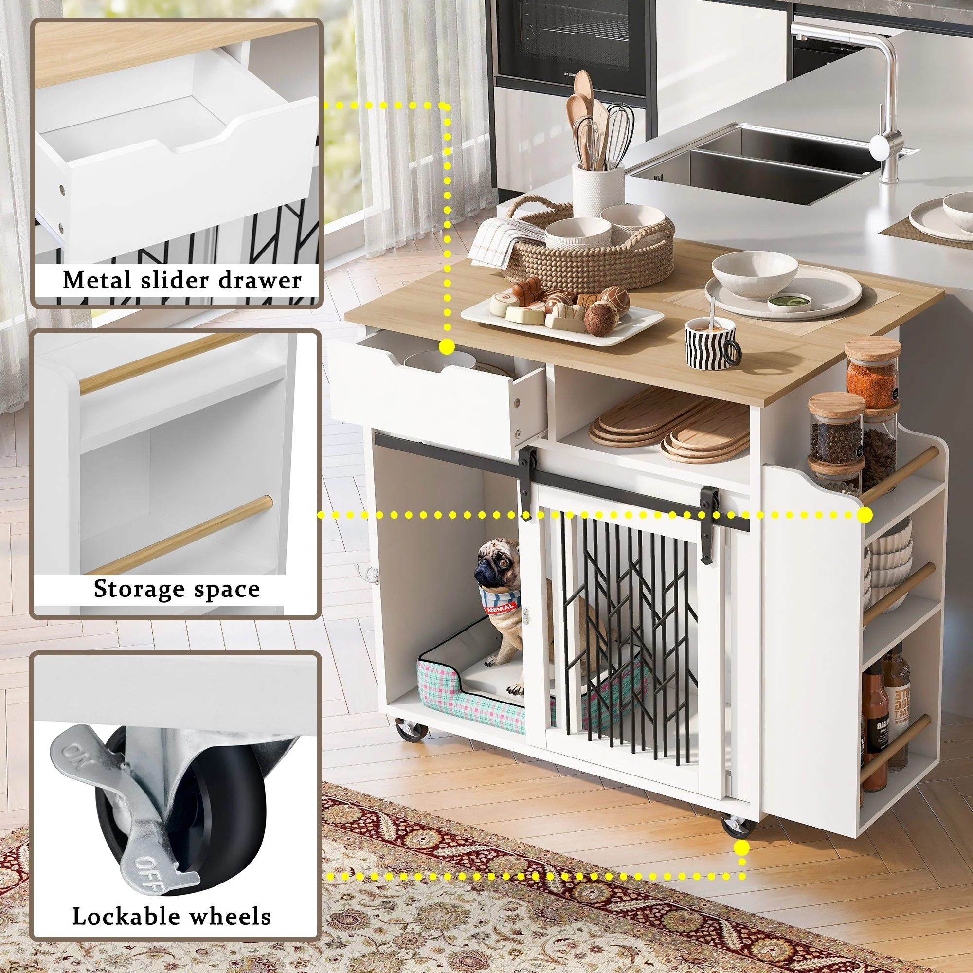 Modern Style 2 In 1 Pet Friendly Dog Crate Kitchen Island End Table Metal Pine - Natural / White - Image 5