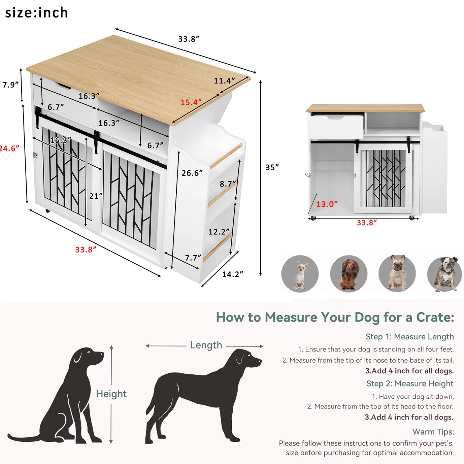Modern Style 2 In 1 Pet Friendly Dog Crate Kitchen Island End Table Metal Pine - Natural / White - Image 7