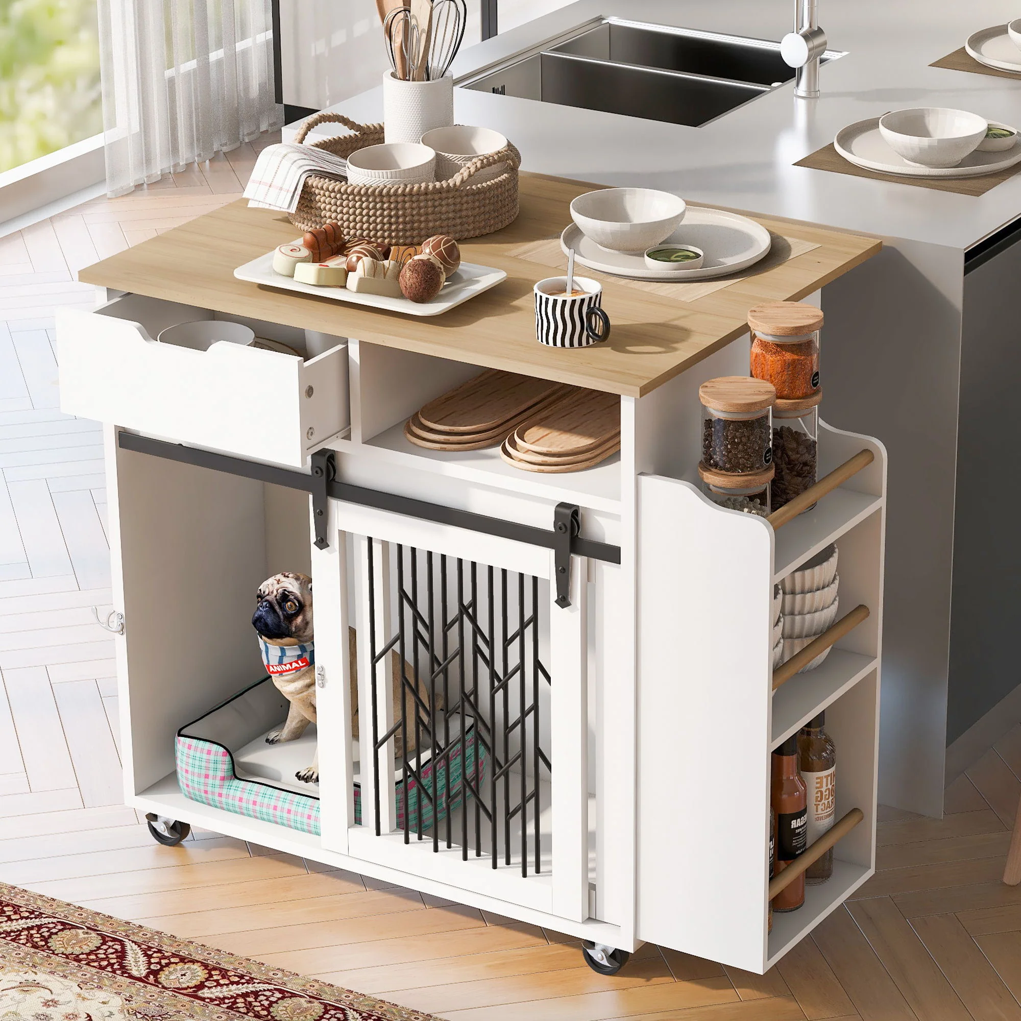 Modern Style 2 In 1 Pet Friendly Dog Crate Kitchen Island End Table Metal Pine - Natural / White - Image 9