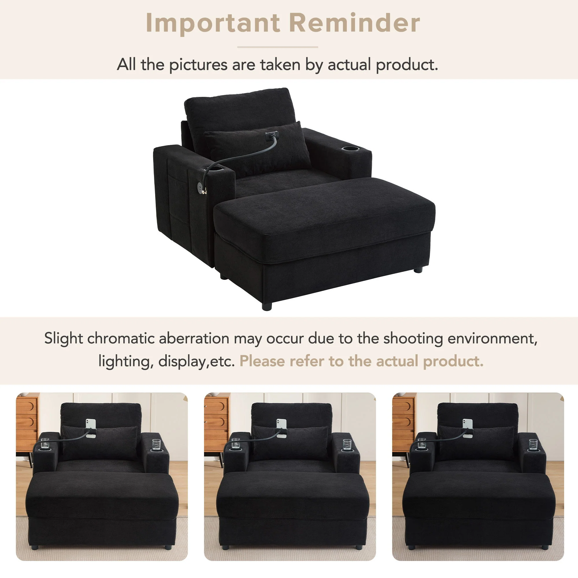 Modern Style Armchair Chaise Lounge Sofa Couch With Movable Storage Ottoman, USB Ports, Cup Holders, Phone Holder, Side Pockets - Image 12