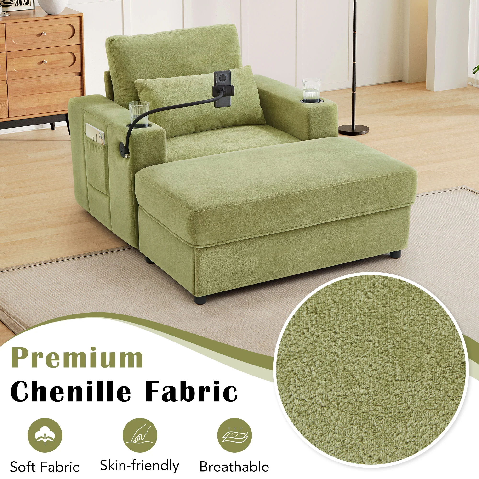 Modern Style Armchair Chaise Lounge Sofa Couch With Movable Storage Ottoman, USB Ports, Cup Holders, Phone Holder, Side Pockets - Image 14