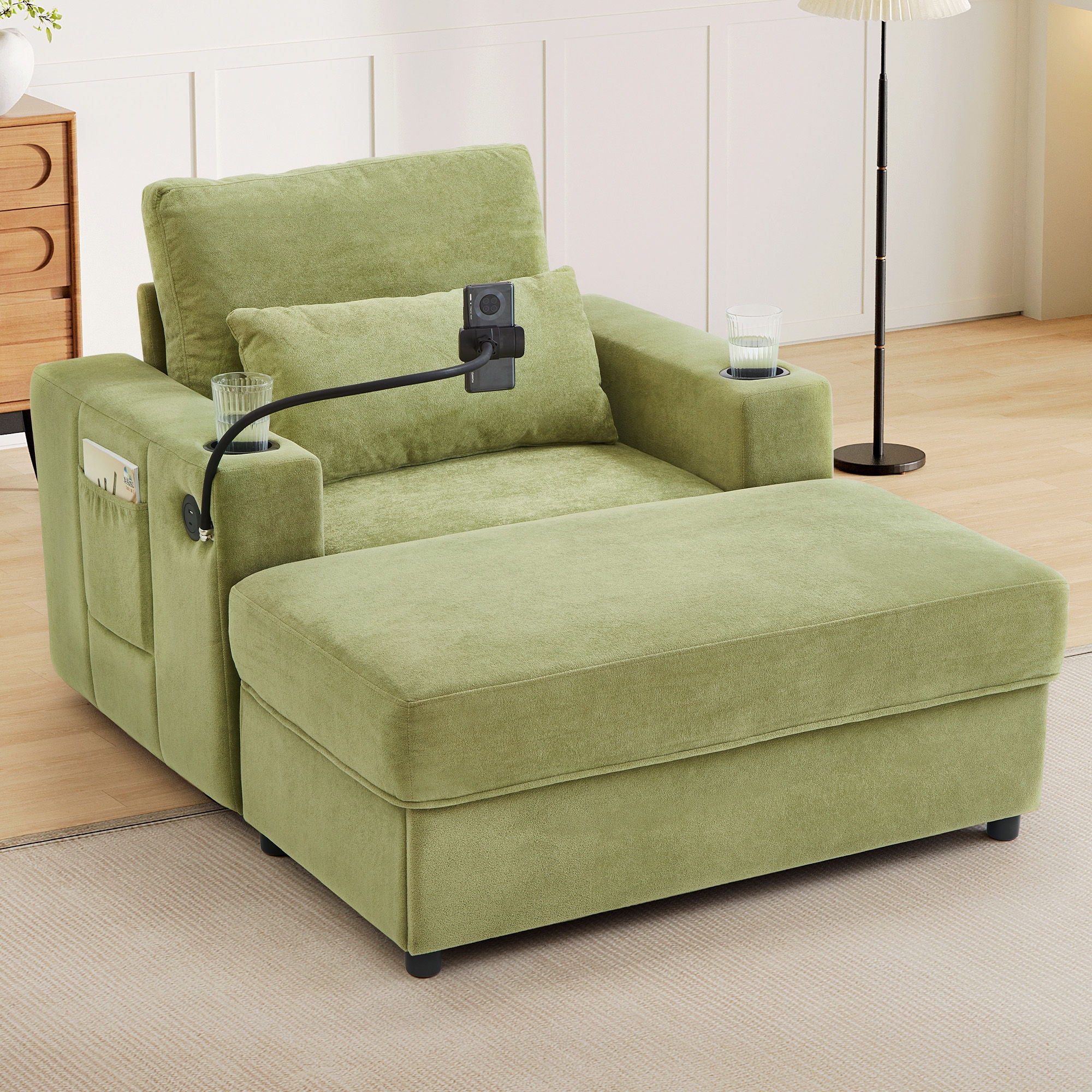 Modern Style Armchair Chaise Lounge Sofa Couch With Movable Storage Ottoman, USB Ports, Cup Holders, Phone Holder, Side Pockets - Image 16