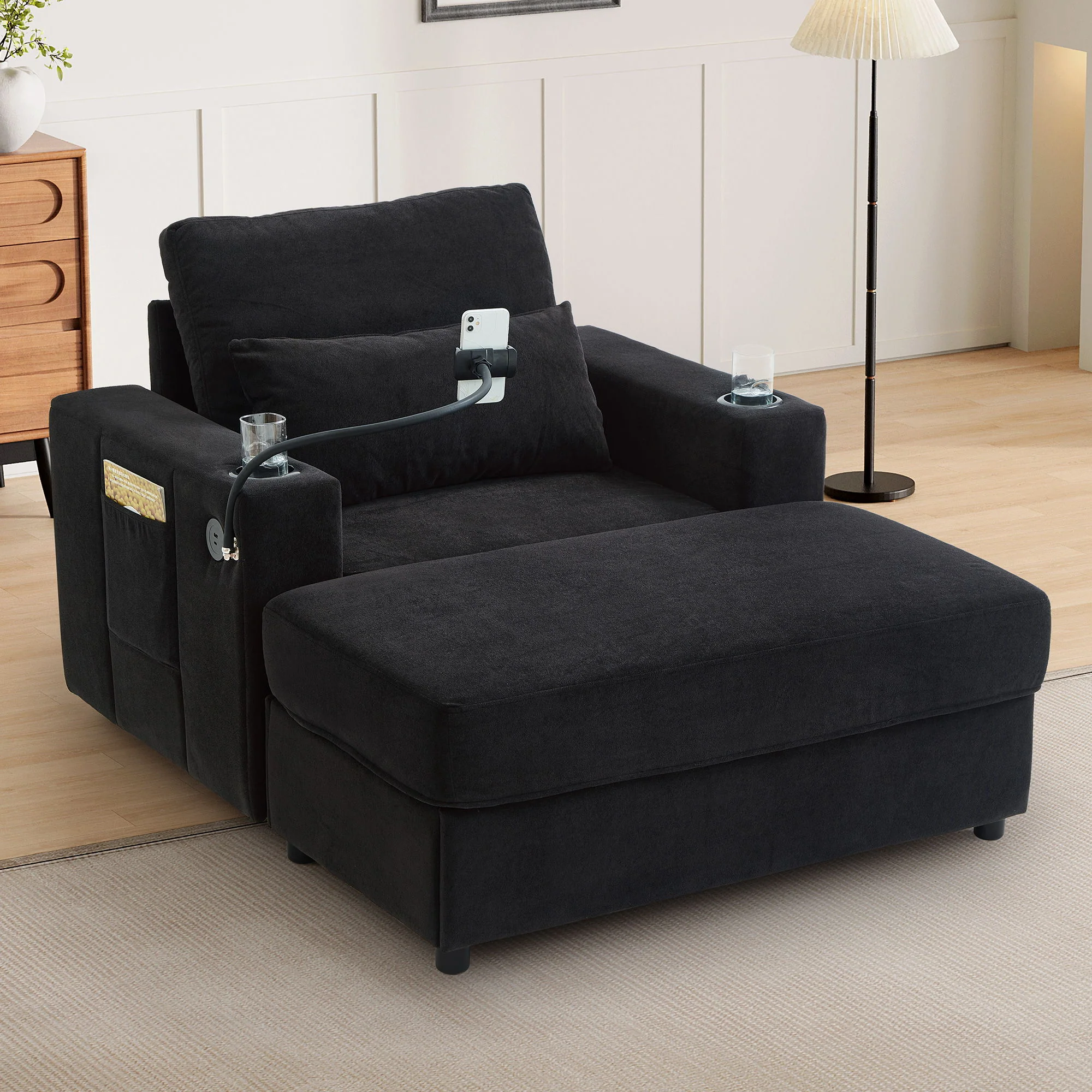 Modern Style Armchair Chaise Lounge Sofa Couch With Movable Storage Ottoman, USB Ports, Cup Holders, Phone Holder, Side Pockets - Image 18