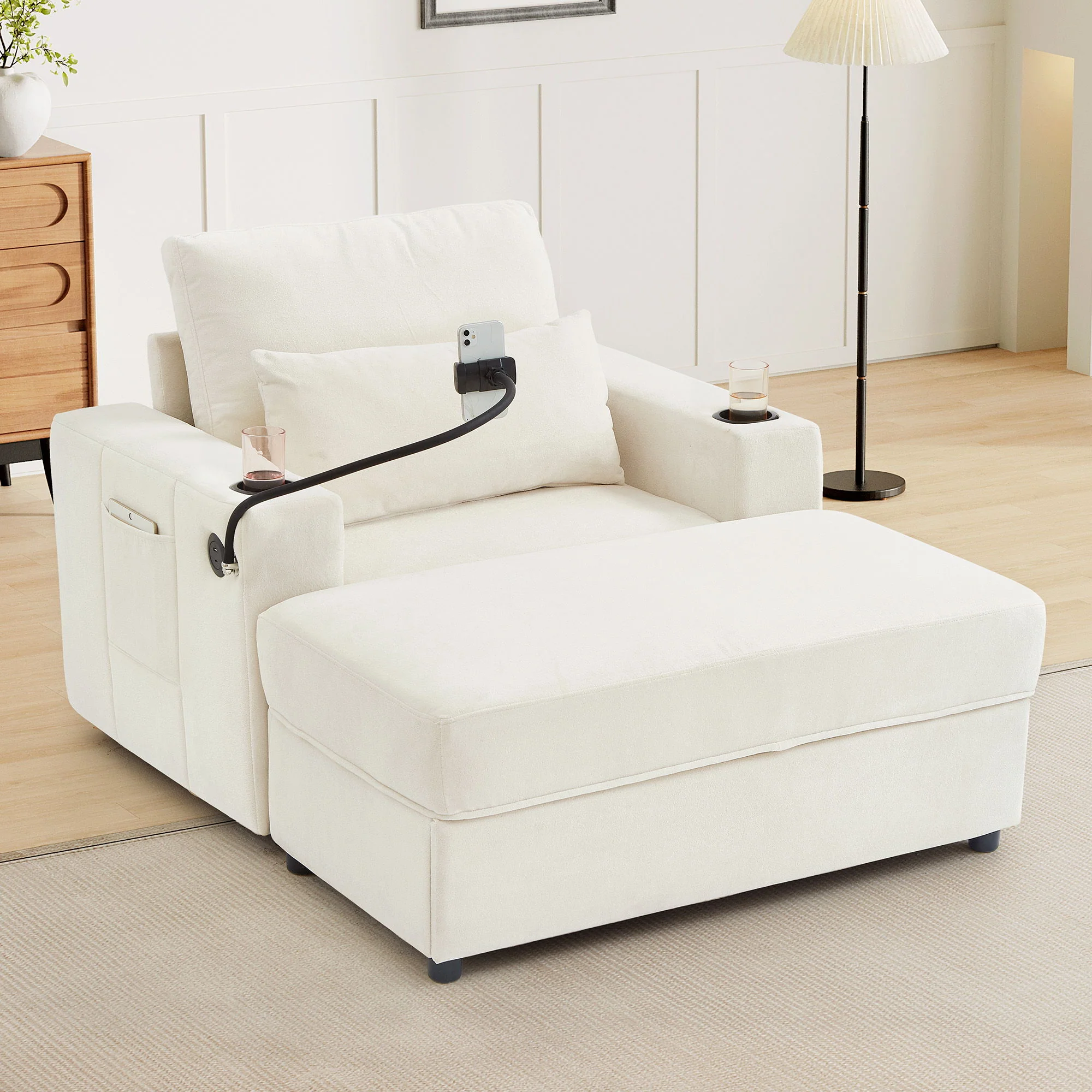 Modern Style Armchair Chaise Lounge Sofa Couch With Movable Storage Ottoman, USB Ports, Cup Holders, Phone Holder, Side Pockets - Image 26
