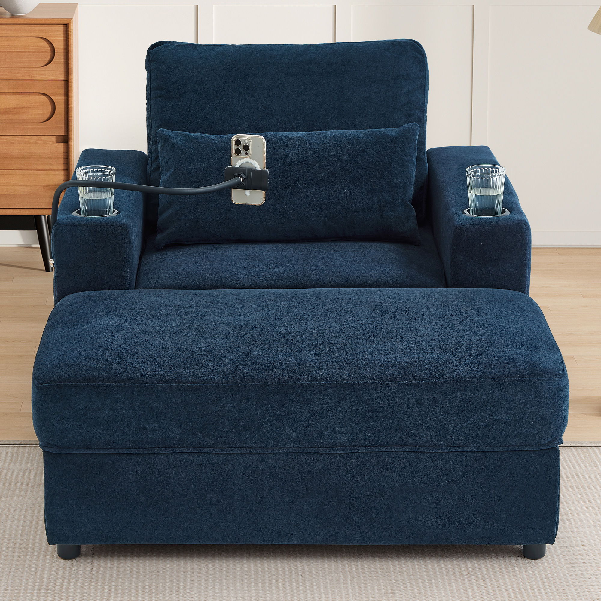 Modern Style Armchair Chaise Lounge Sofa Couch With Movable Storage Ottoman, USB Ports, Cup Holders, Phone Holder, Side Pockets - Image 30