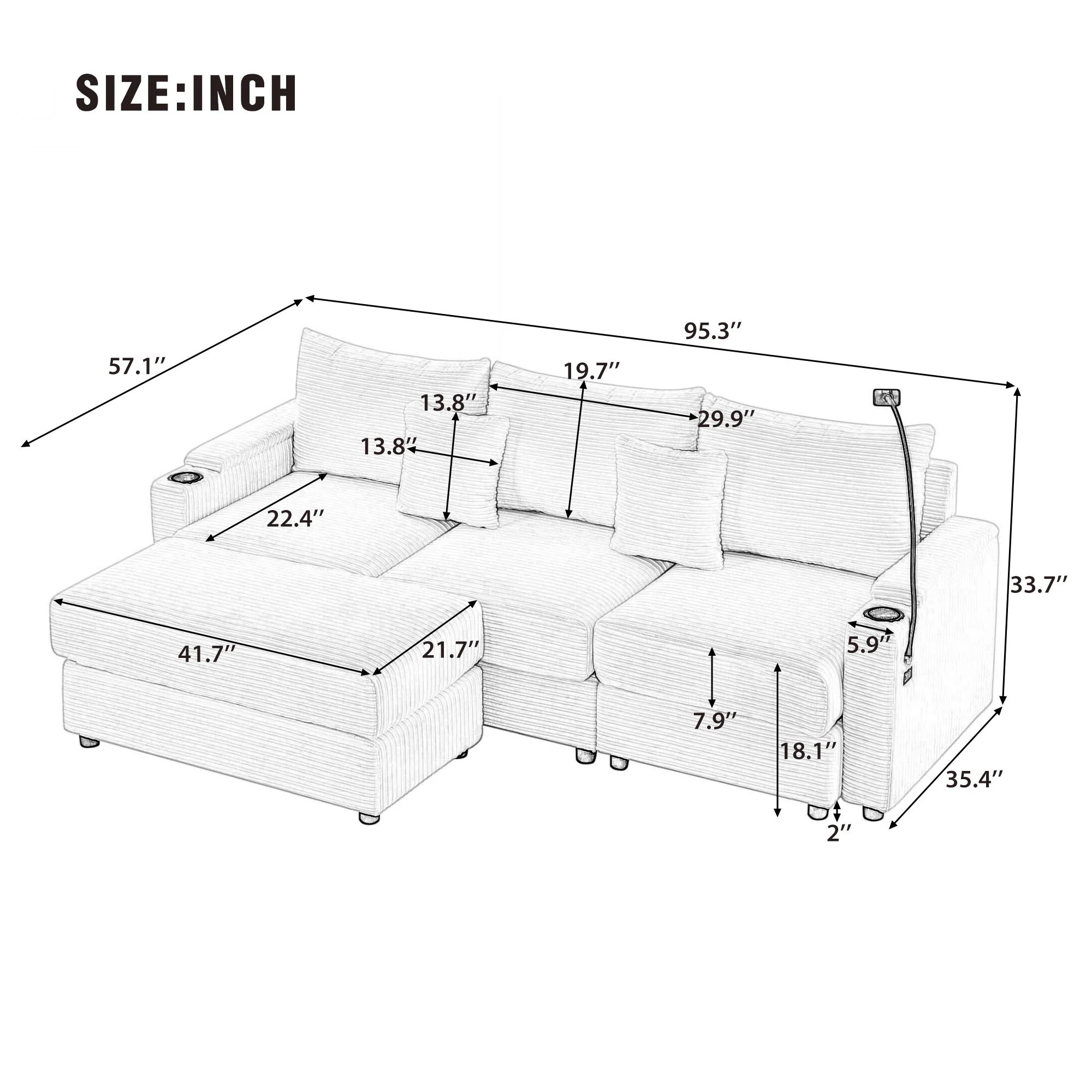 Modern Style Loveseat Sofa Sectional Sofa Couch With Storage Space, A Movable Ottoman, Two USB Ports, Two Cup Holders, A Phone Holder For Living Room - Image 19