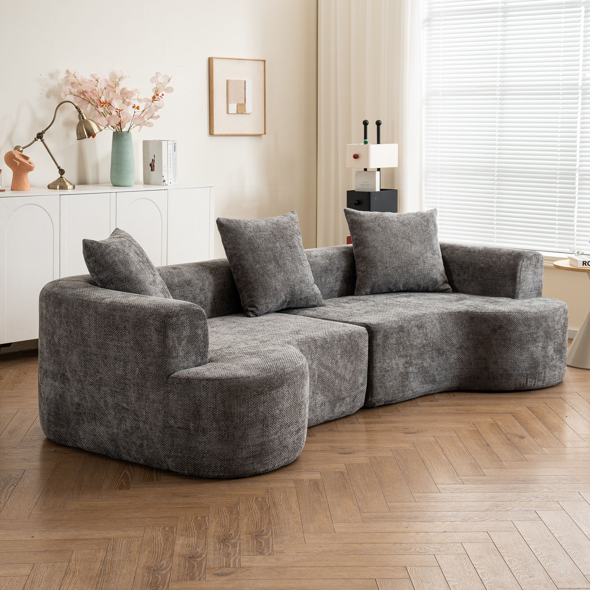 Modern Style Ultra Smooth Curved Sofa With 3 Pillows - Image 18