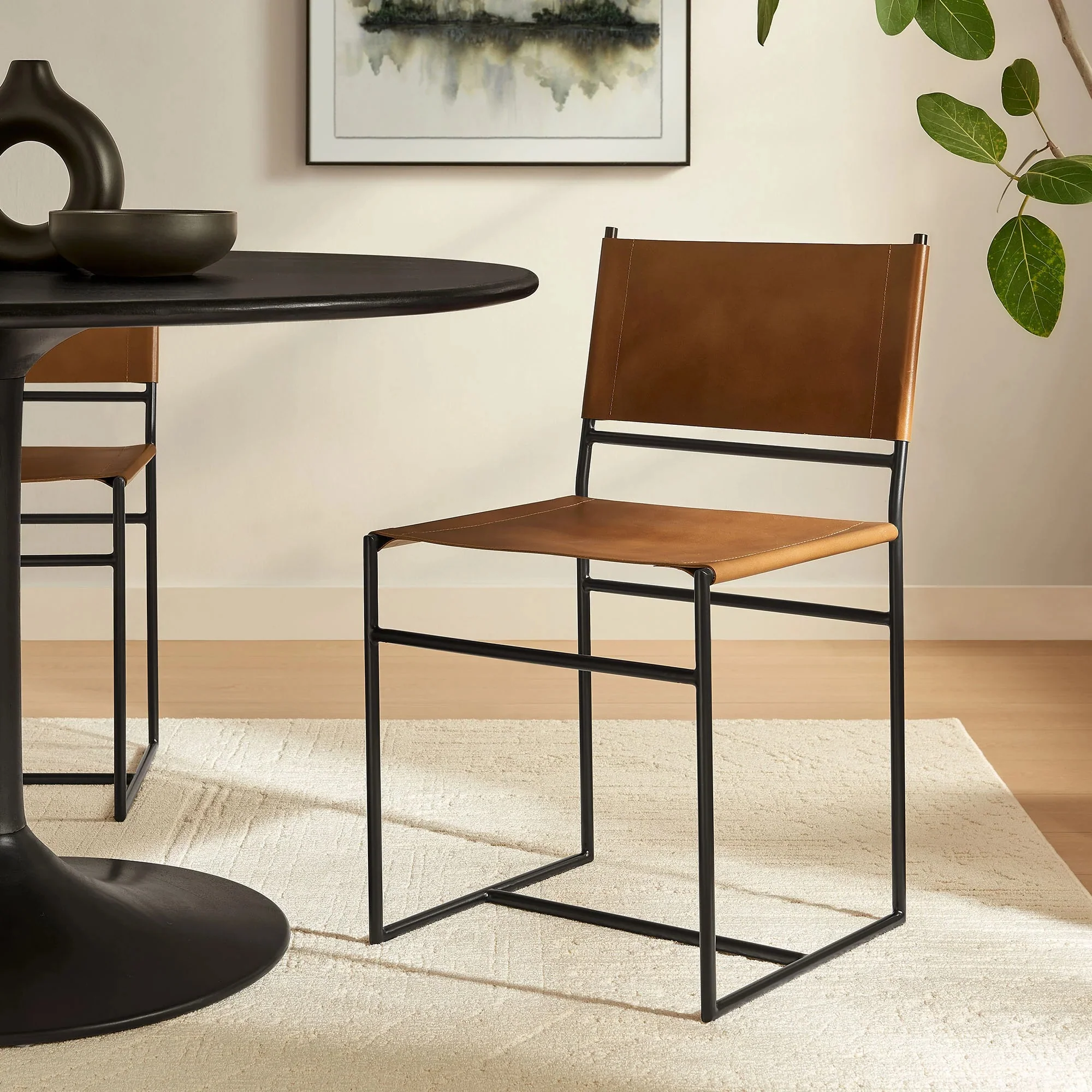 Modern Tan Leather and Metal Sled Base Dining Chair - Image 9