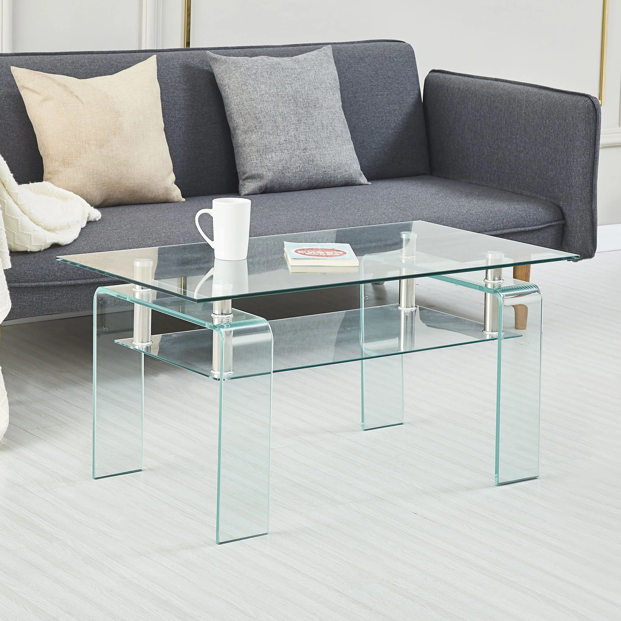 Modern Tempered Glass Coffee Table With 2 Tier Storage For Living Room - Image 5