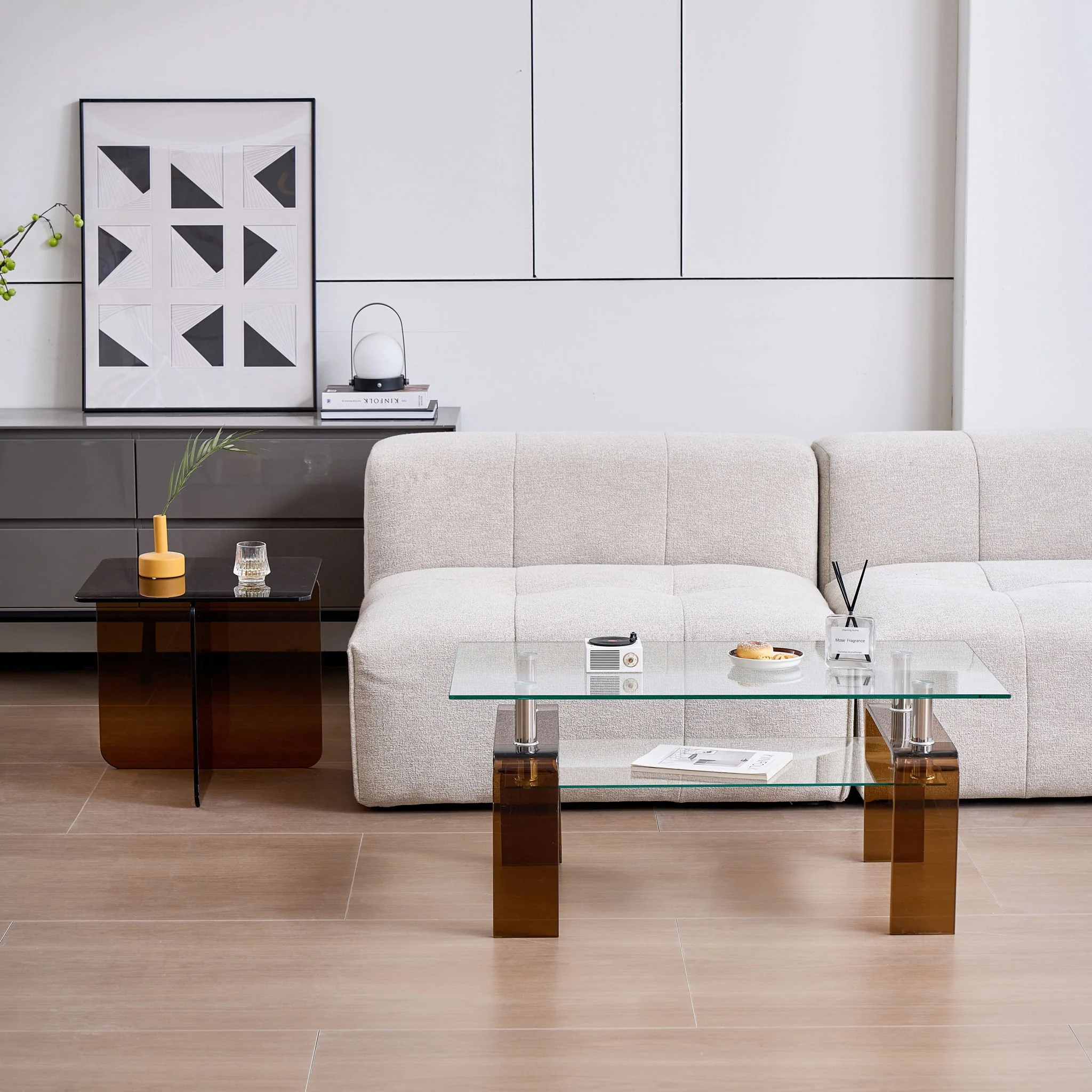 Modern Tempered Glass Coffee Table With 2 Tier Storage For Living Room - Image 8