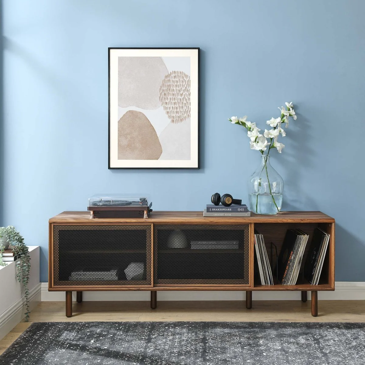 Modern TV and Vinyl Record Stand with Mesh Sliding Doors 67 Inch - Image 20
