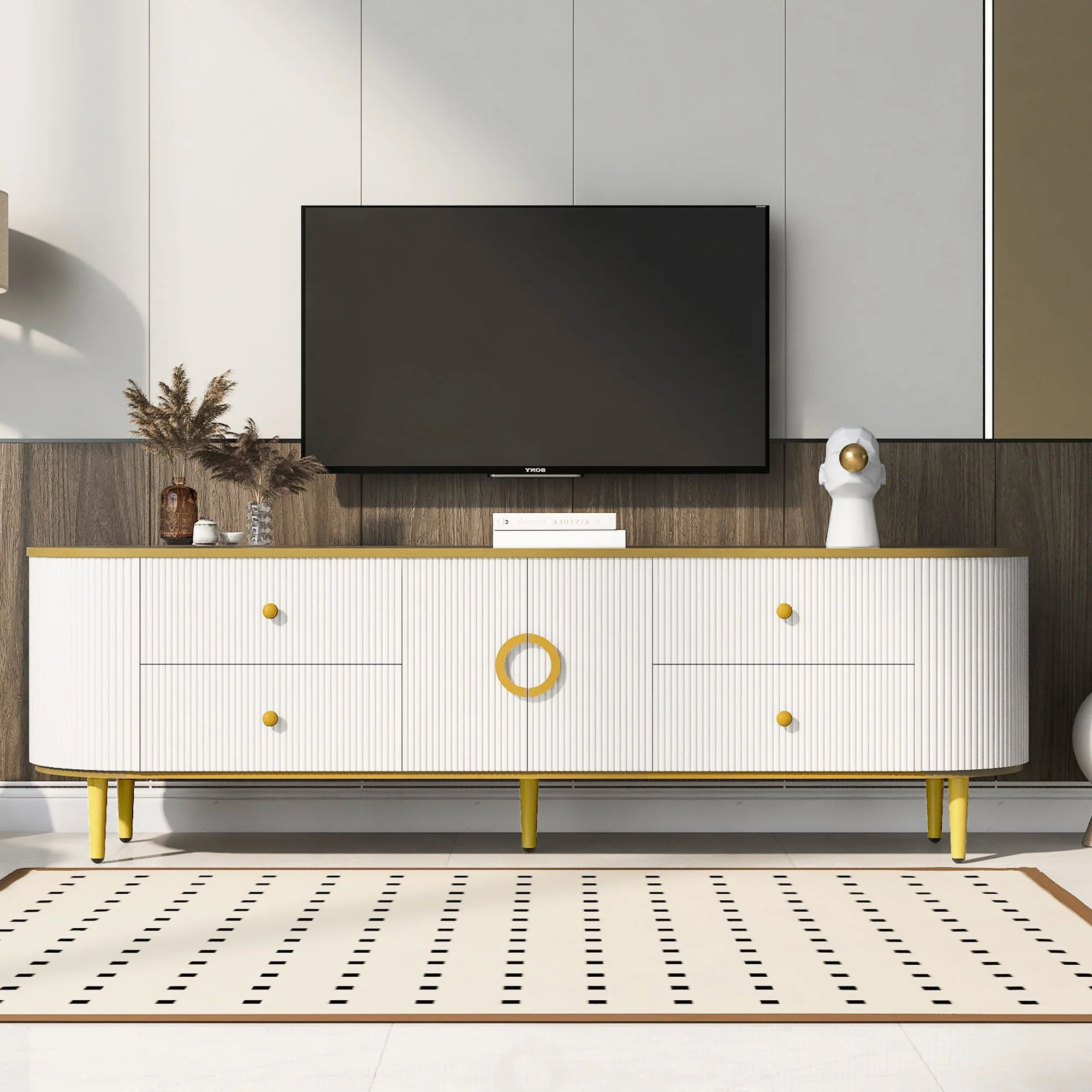 Modern TV Stand For TVs Up To 80", Entertainment Center With 4 Drawers And 1 Cabinet, Wood TV Console Table With And Handles For Living Room - White - Image 3