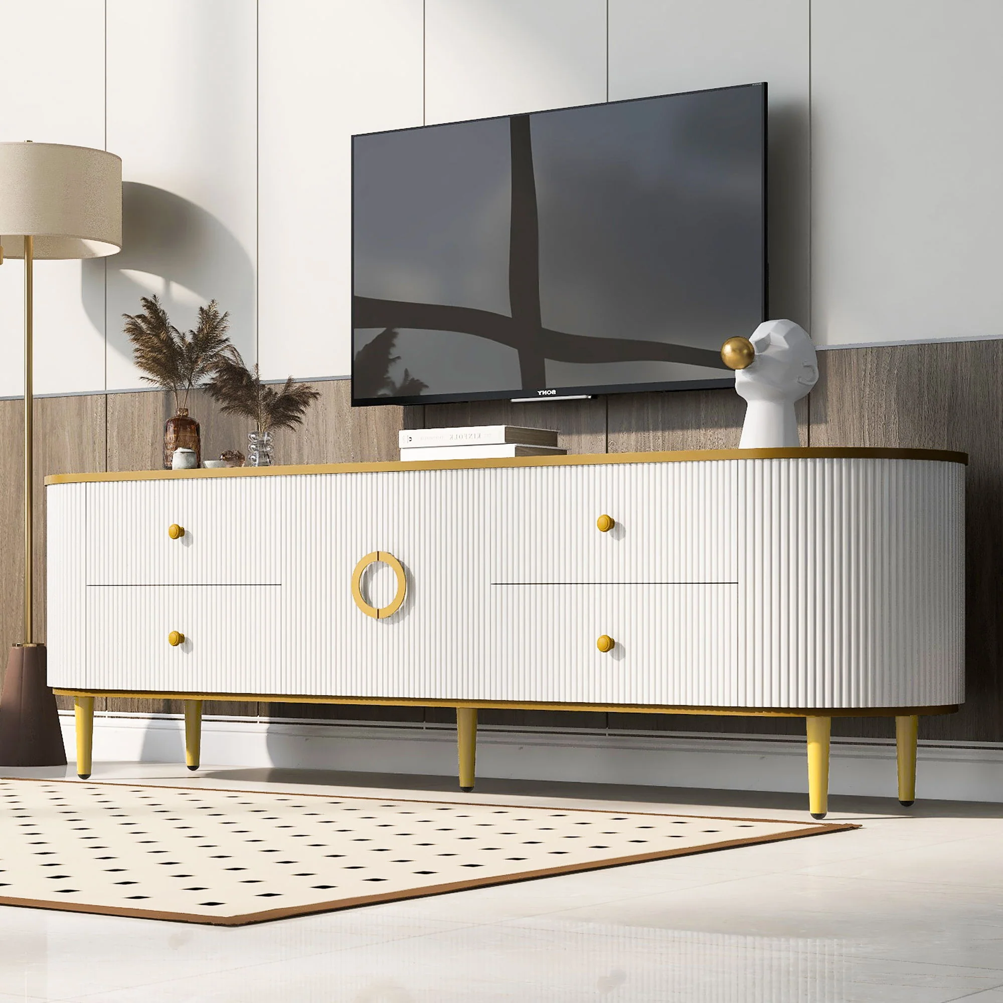 Modern TV Stand For TVs Up To 80", Entertainment Center With 4 Drawers And 1 Cabinet, Wood TV Console Table With And Handles For Living Room - White - Image 5