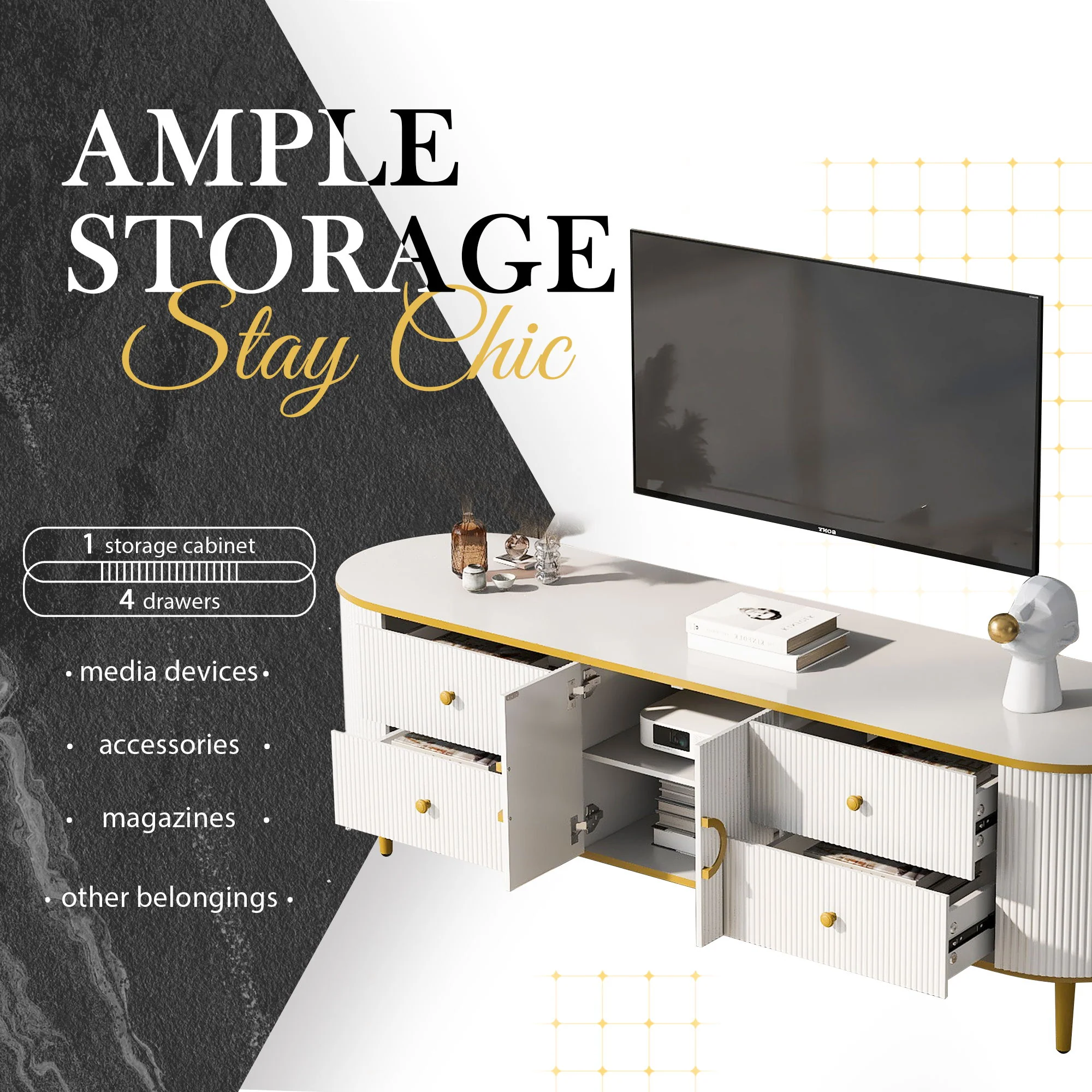 Modern TV Stand For TVs Up To 80", Entertainment Center With 4 Drawers And 1 Cabinet, Wood TV Console Table With And Handles For Living Room - White - Image 6