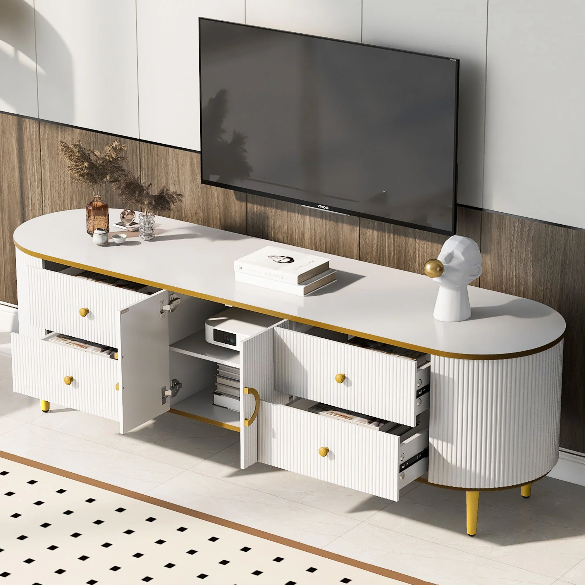 Modern TV Stand For TVs Up To 80", Entertainment Center With 4 Drawers And 1 Cabinet, Wood TV Console Table With And Handles For Living Room - White - Image 8