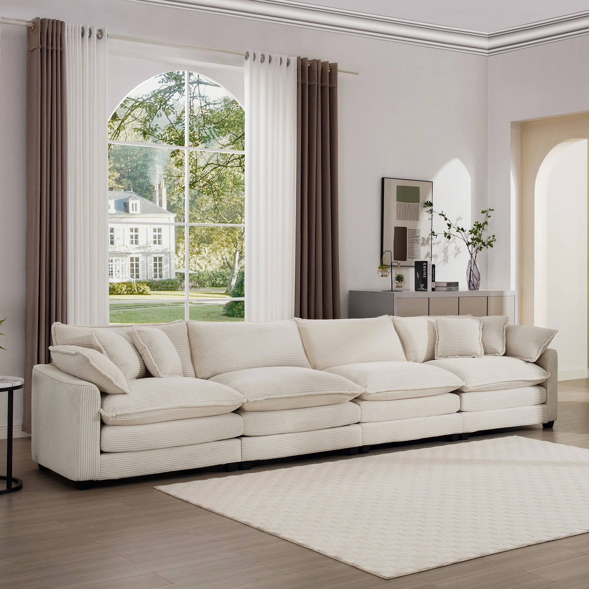 Modern Upholstered 4 Seater Fabric Sofa With Arm And Throw Pillows - Image 20