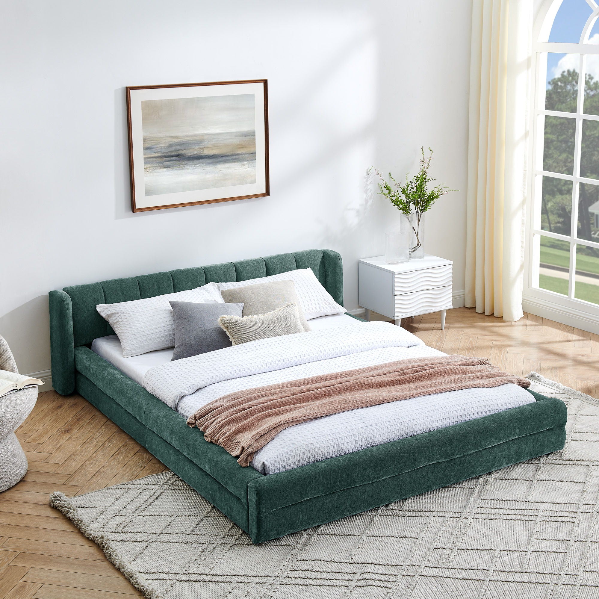 Modern Upholstered Bed Frame With Thick Fabric And Headboard - Image 8
