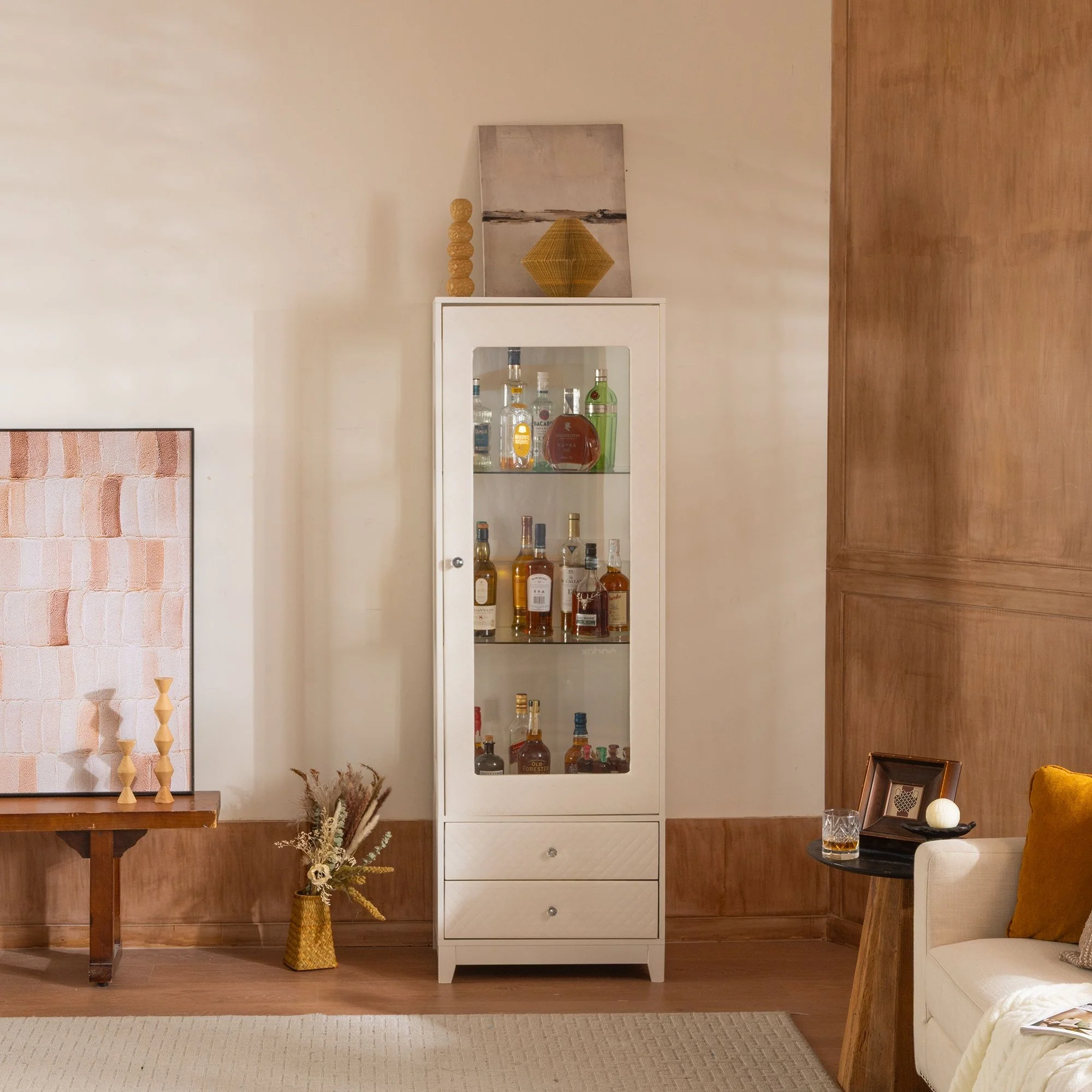 Modern Upholstered Glass Display Cabinet With Adjustable LED Light - White - Image 7