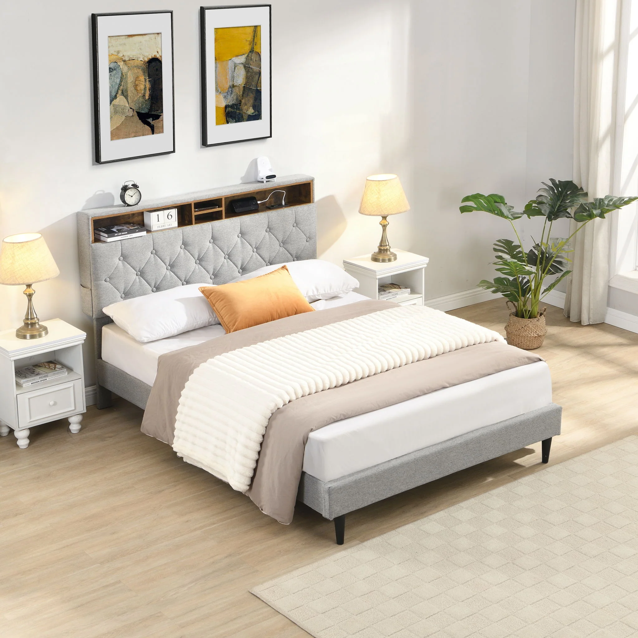 Modern Upholstered Platform Bed Frame With Button Tufted Headboard And USB Ports - Image 18