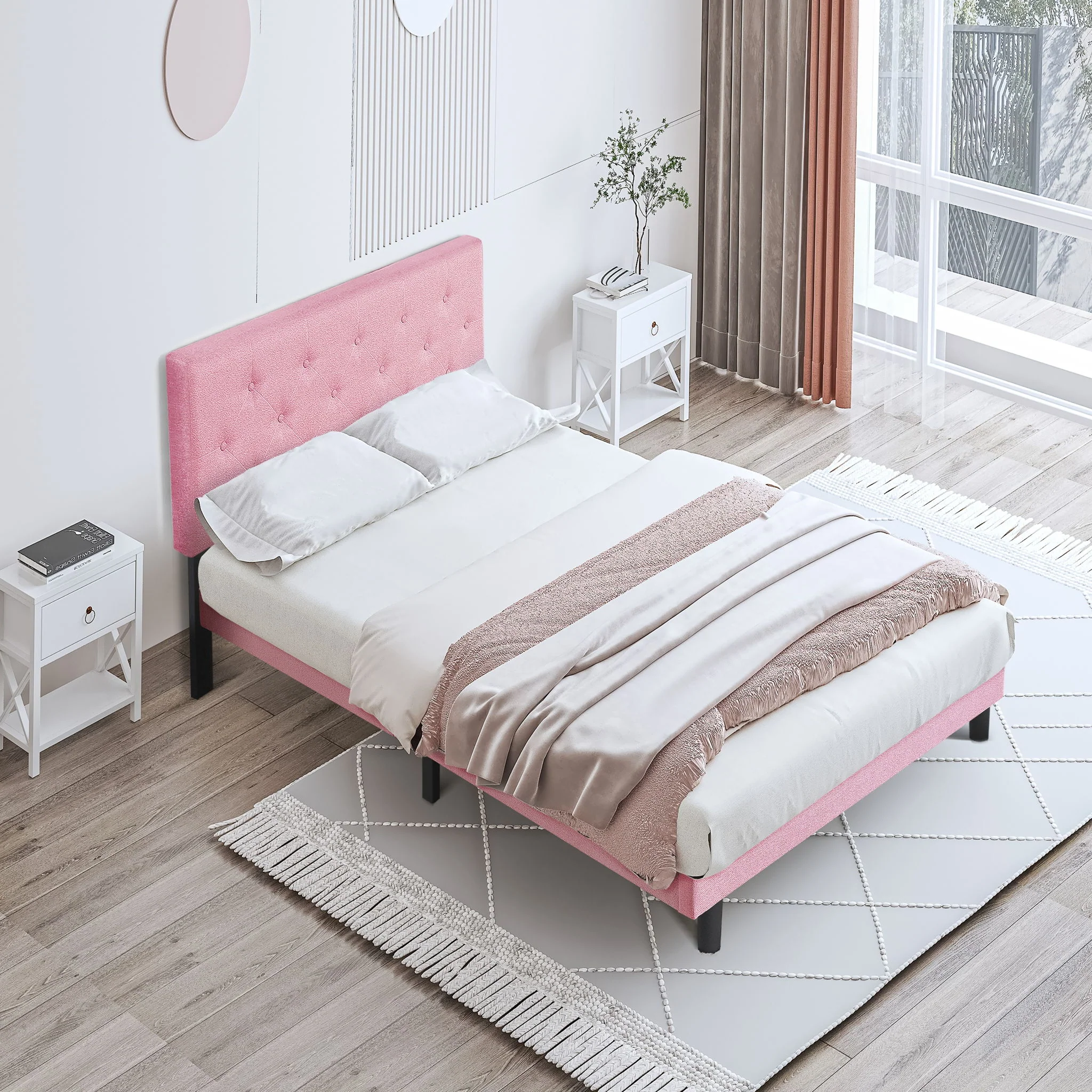 Modern Upholstered Platform Bed Frame With Button Tufted Fabric Headboard - Image 21