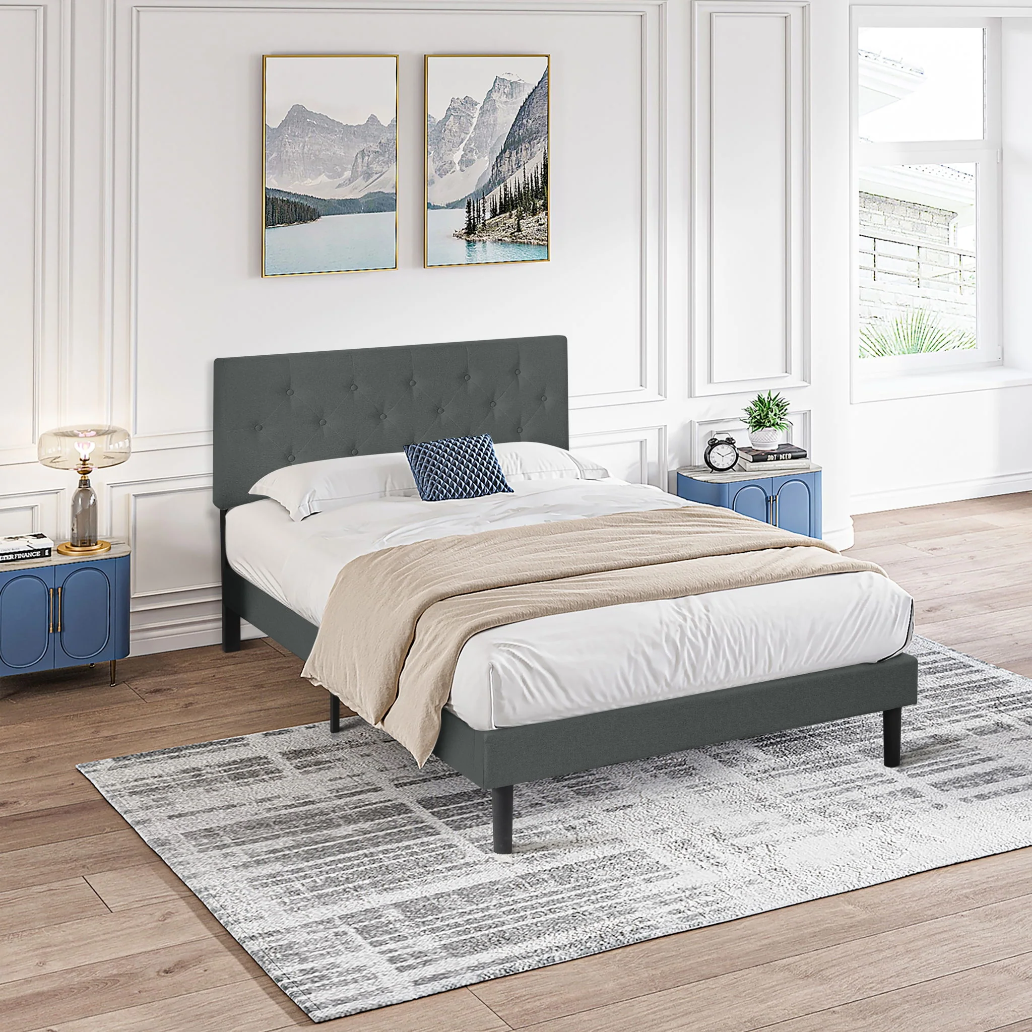 Modern Upholstered Platform Bed Frame With Button Tufted Fabric Headboard - Image 31