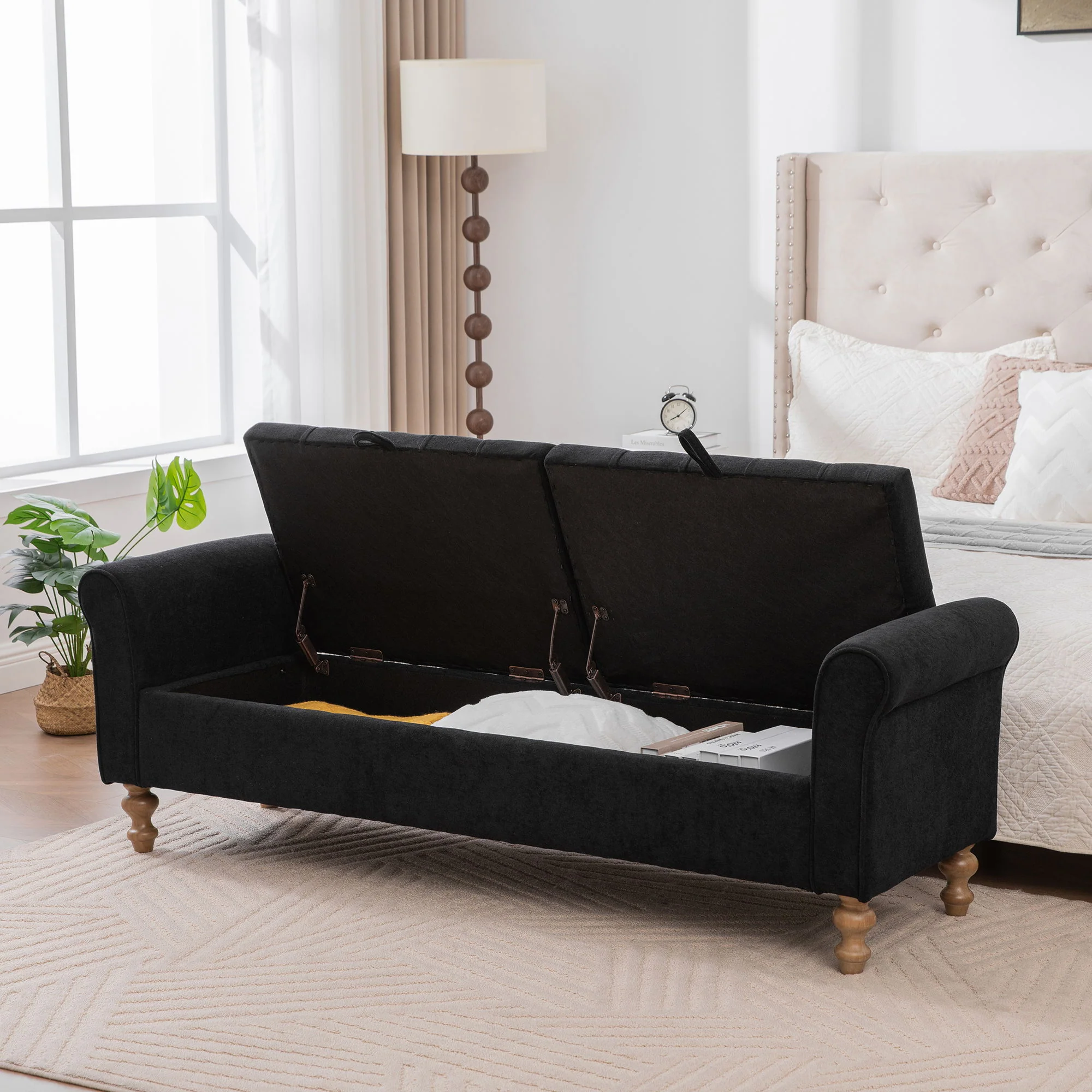 Modern Upholstered Storage Bench With Rolled Armrests] - Image 13