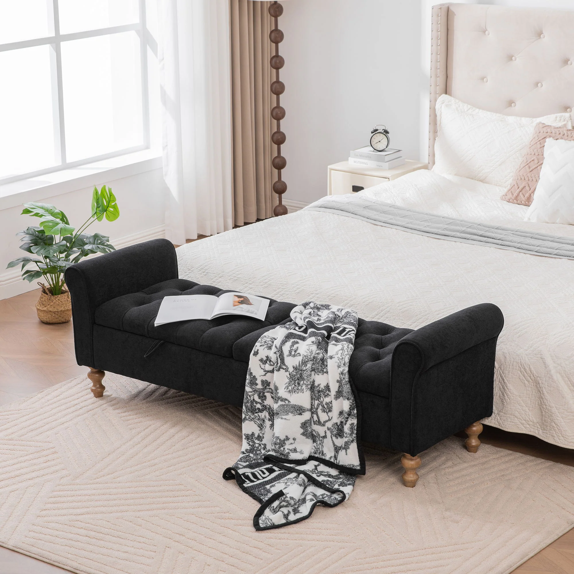 Modern Upholstered Storage Bench With Rolled Armrests] - Image 16