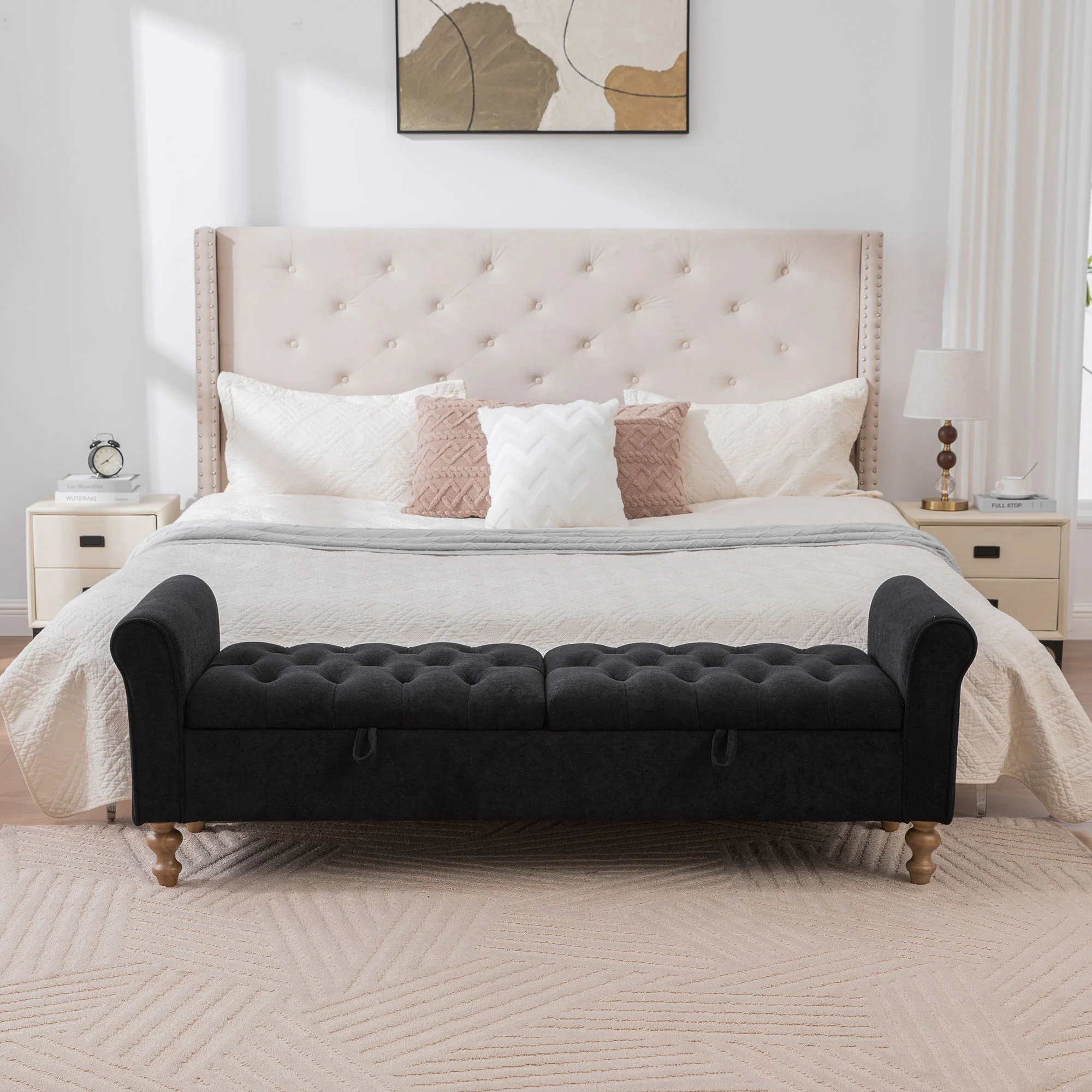 Modern Upholstered Storage Bench With Rolled Armrests] - Image 3