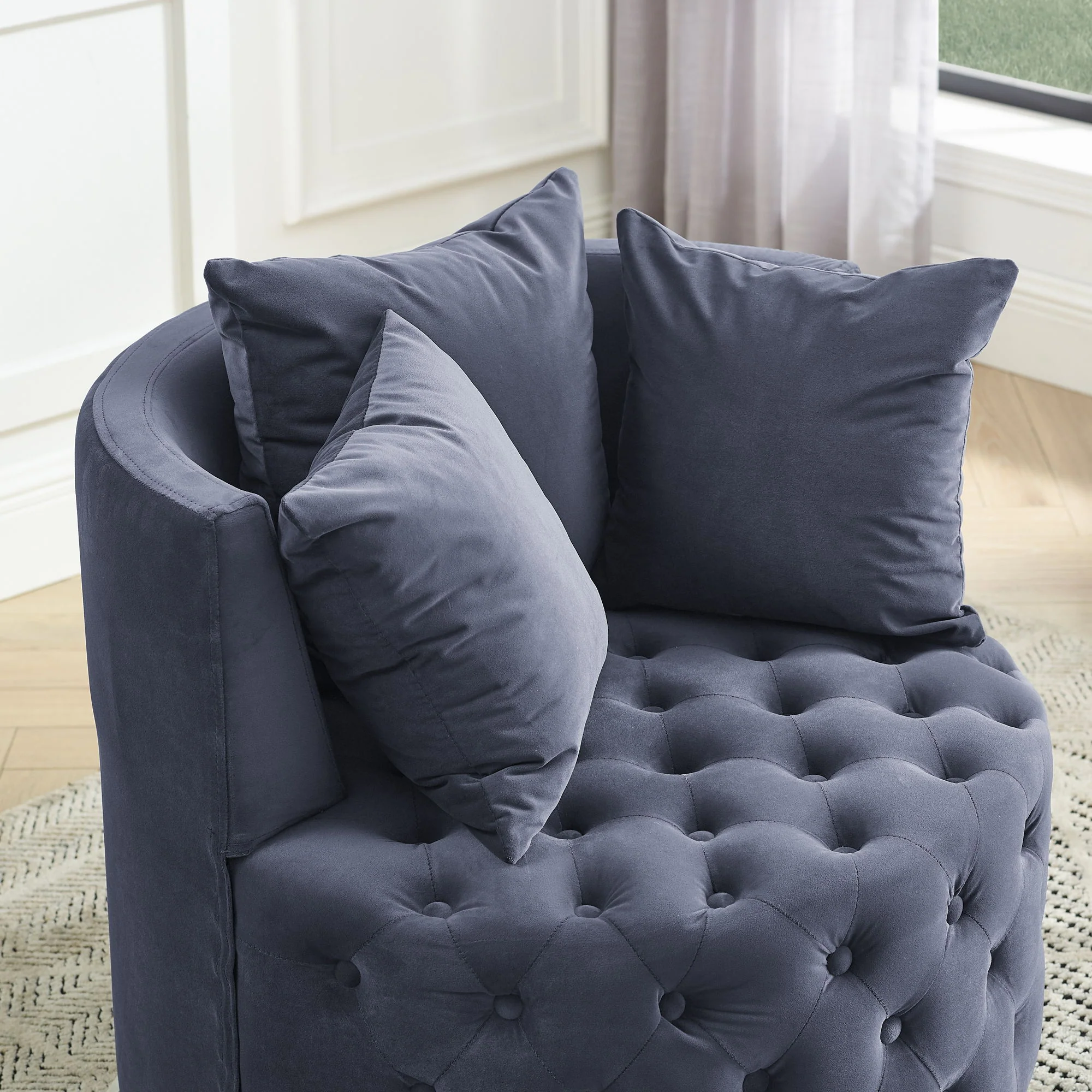 Modern Upholstered Swivel Chair With Button Tufted Design And Movable Wheels - Image 20