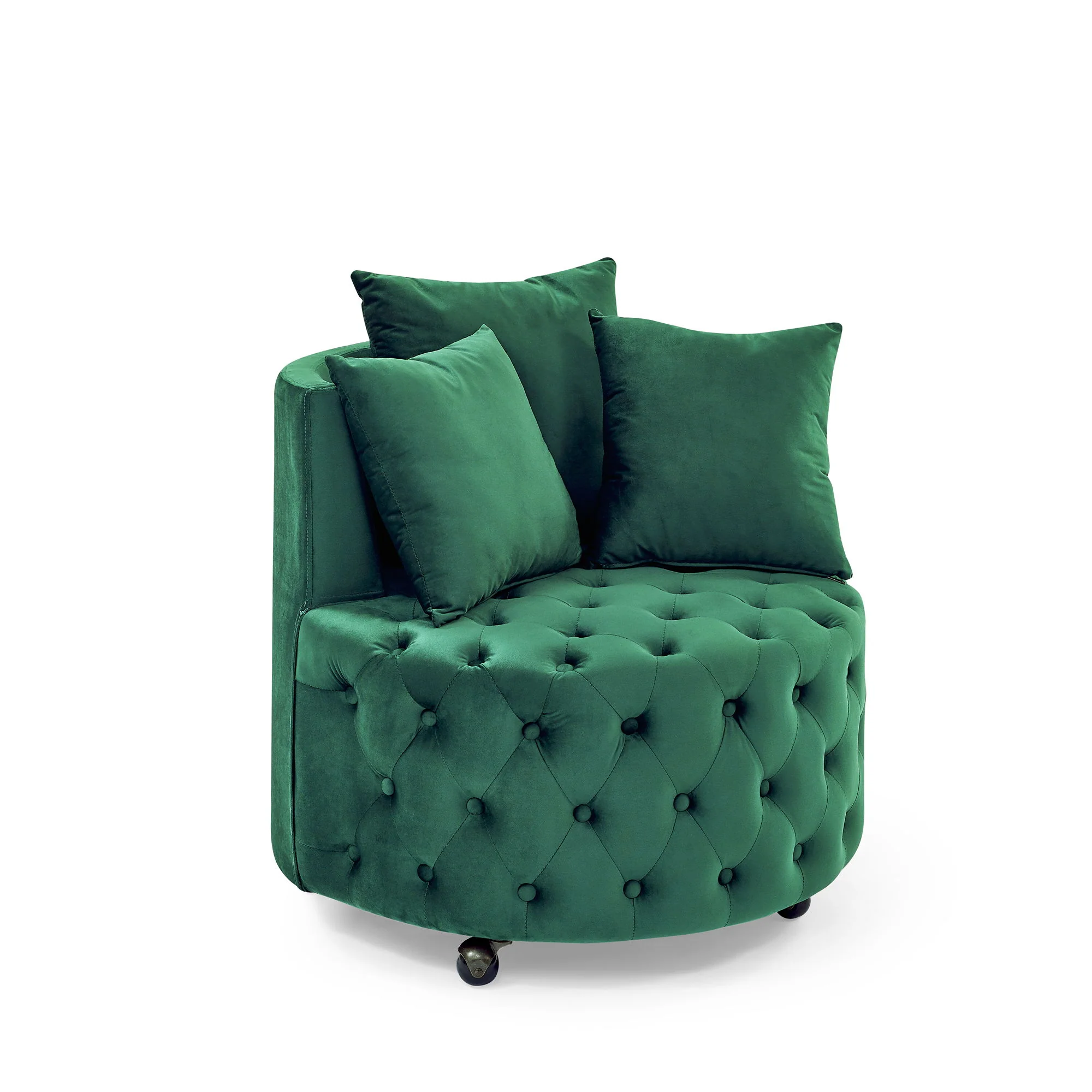 Modern Upholstered Swivel Chair With Button Tufted Design And Movable Wheels - Image 3