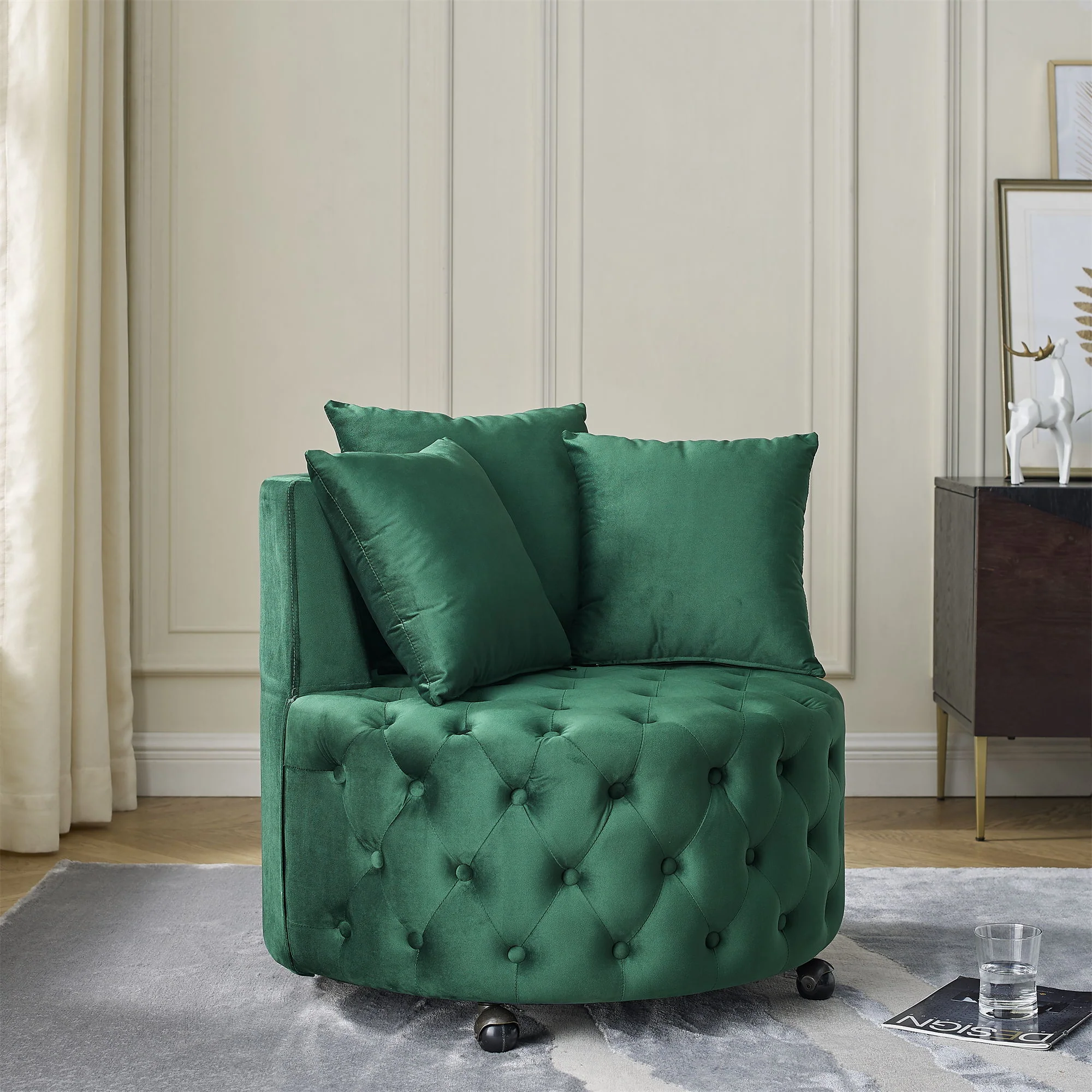 Modern Upholstered Swivel Chair With Button Tufted Design And Movable Wheels - Image 31