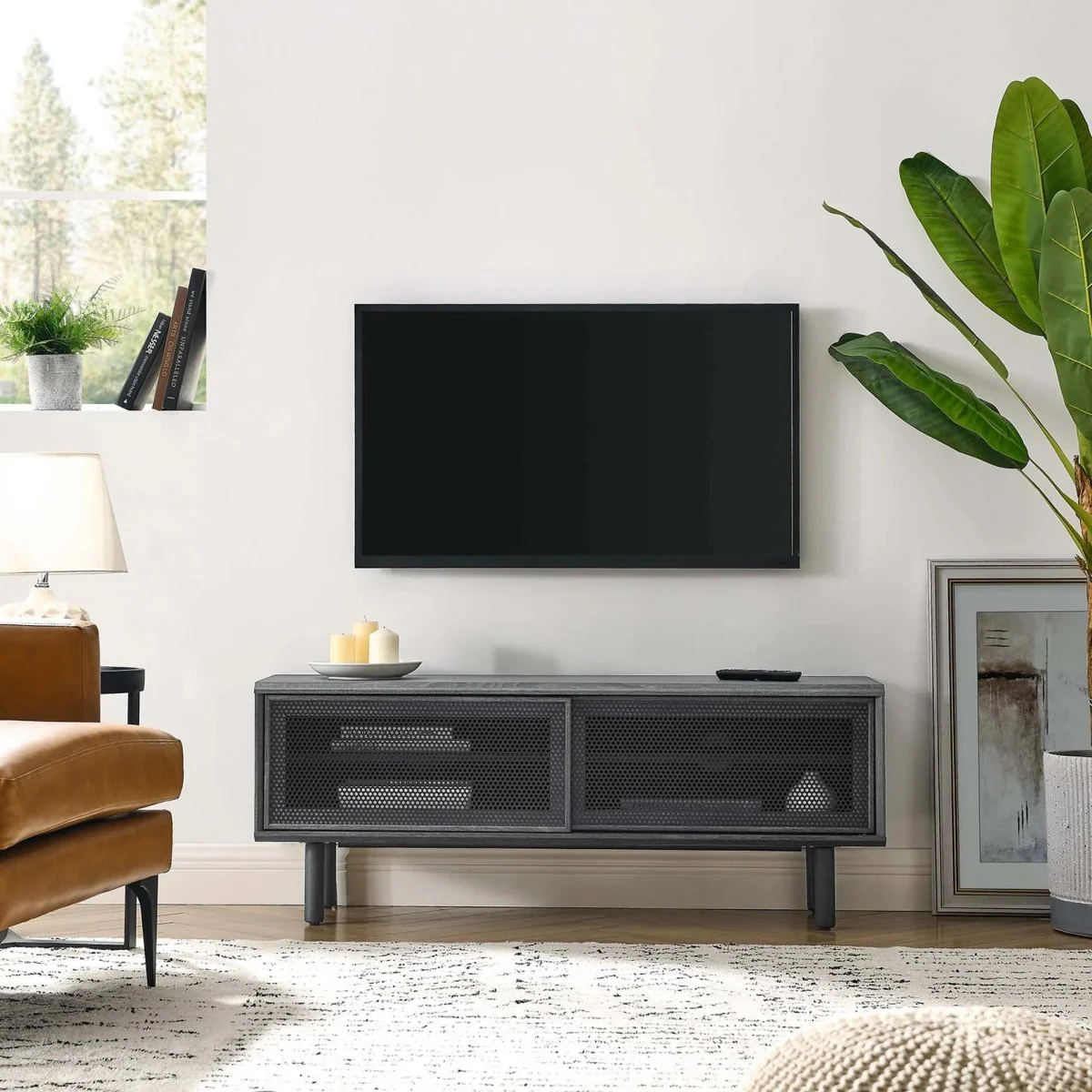 Modern Urban TV Stand with Mesh Sliding Doors 47 Inch - Image 2