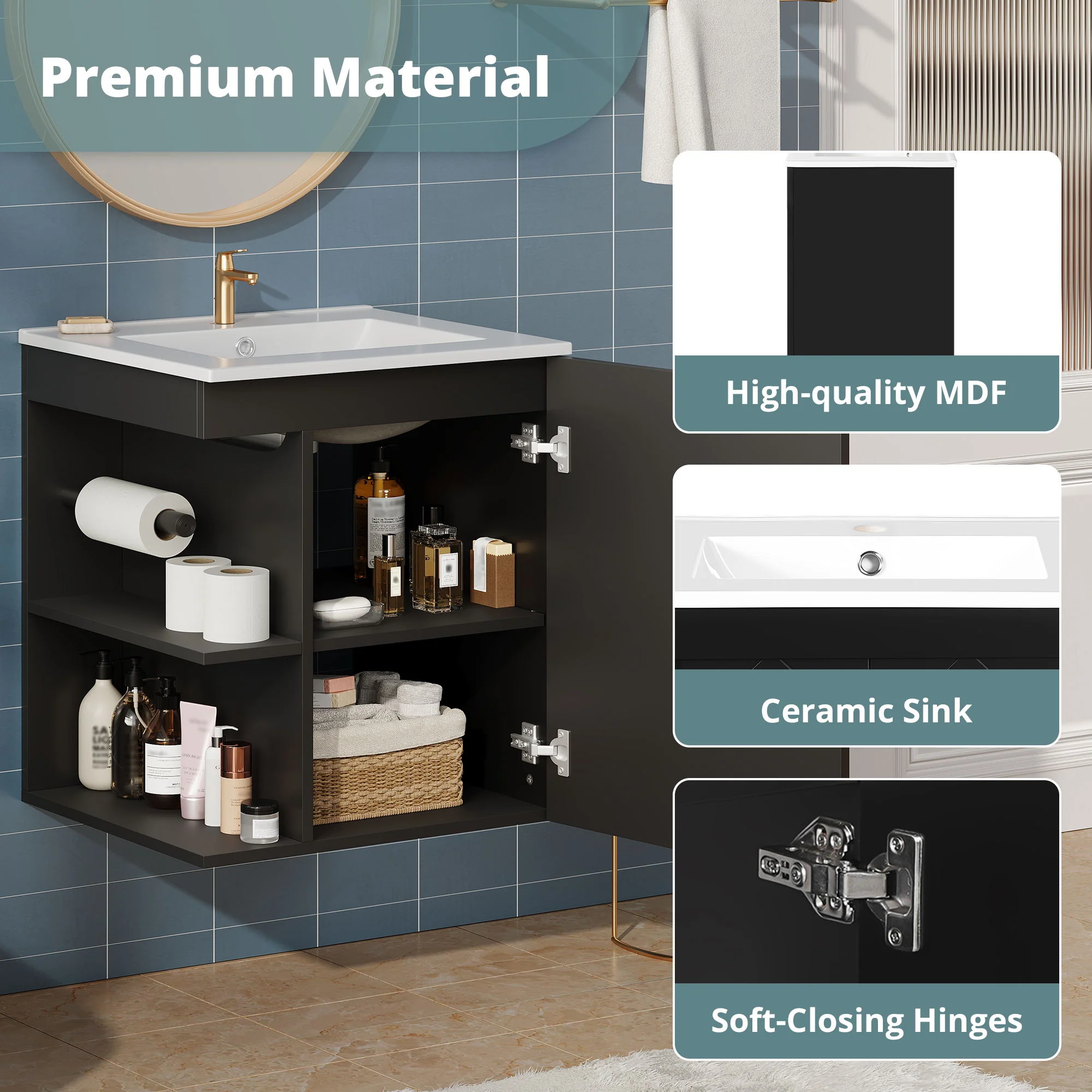 Modern Wall Mounted Bathroom Cabinet With Side Shelf And Ceramic Sink - Image 17