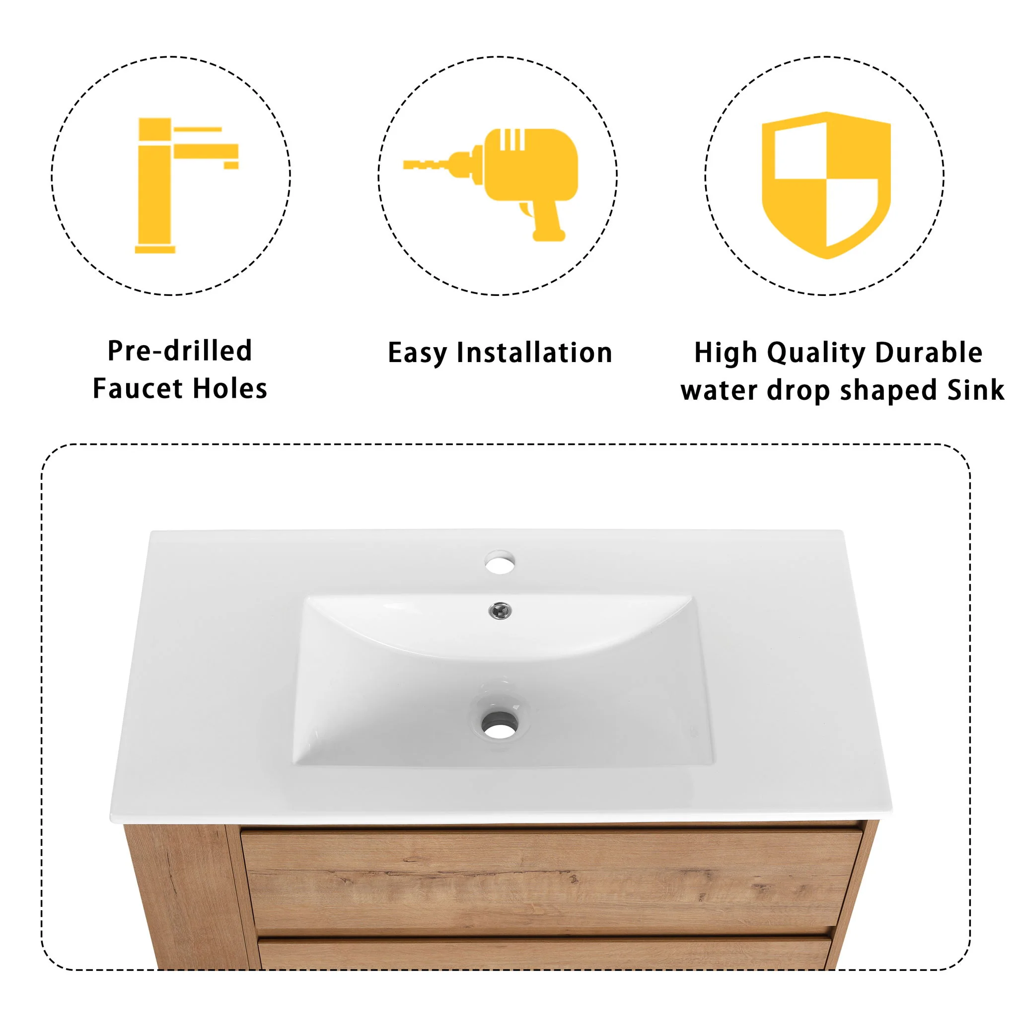 Modern Wall Mounted Bathroom Vanity With Ceramic Sink And Storage Rack, 2 Soft Close Drawers - Image 13