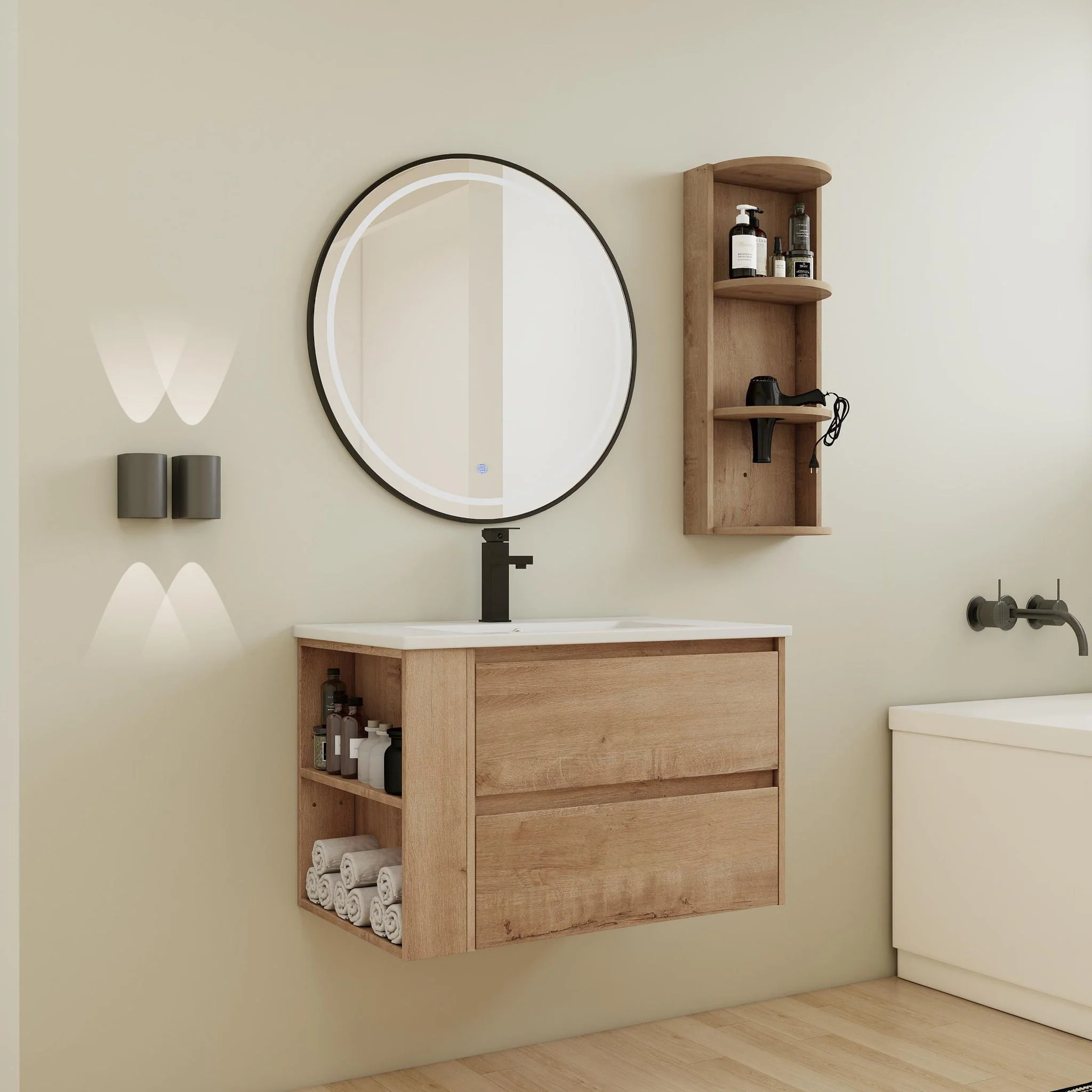 Modern Wall Mounted Bathroom Vanity With Ceramic Sink And Storage Rack, 2 Soft Close Drawers - Image 6