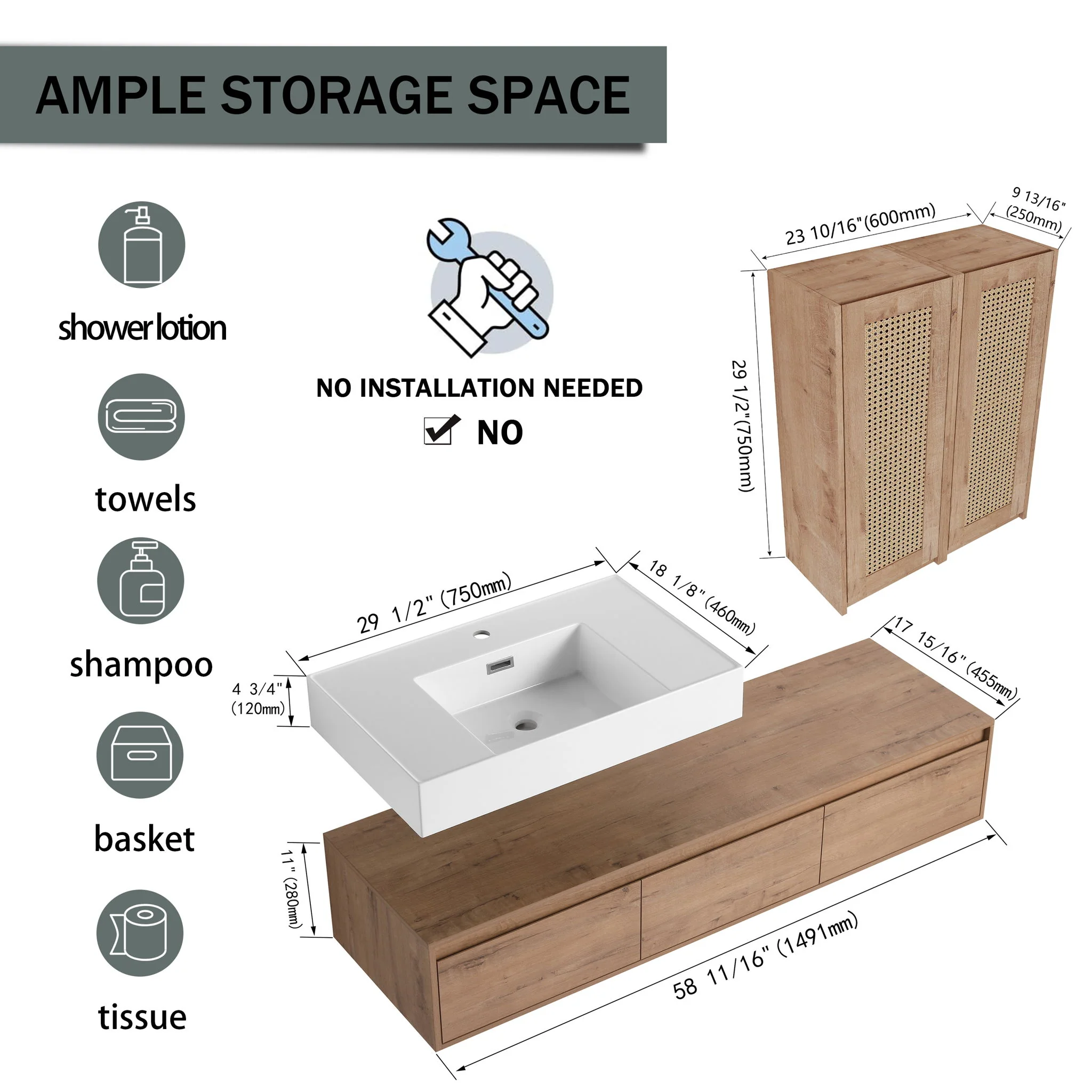 Modern Wall Mounted Bathroom Vanity With Resin Sink And 2 Side Cabinet, Imitative, Construction - Imitative Oak - Image 3