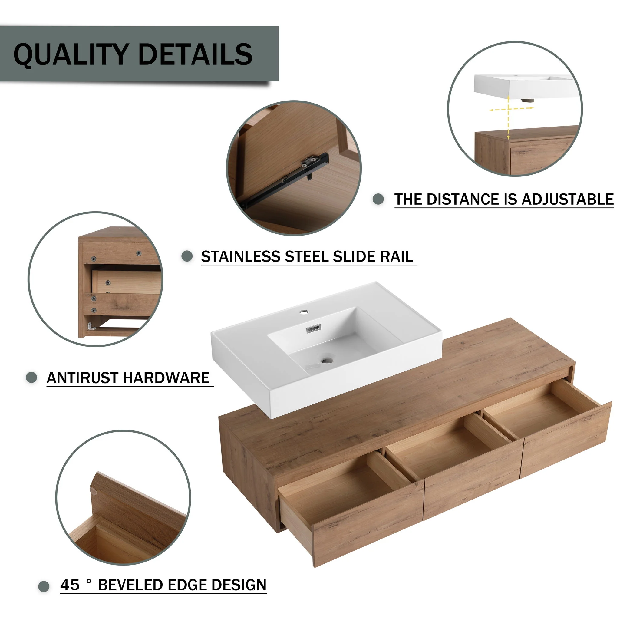 Modern Wall Mounted Bathroom Vanity With Resin Sink And Soft Close Drawer - Image 12