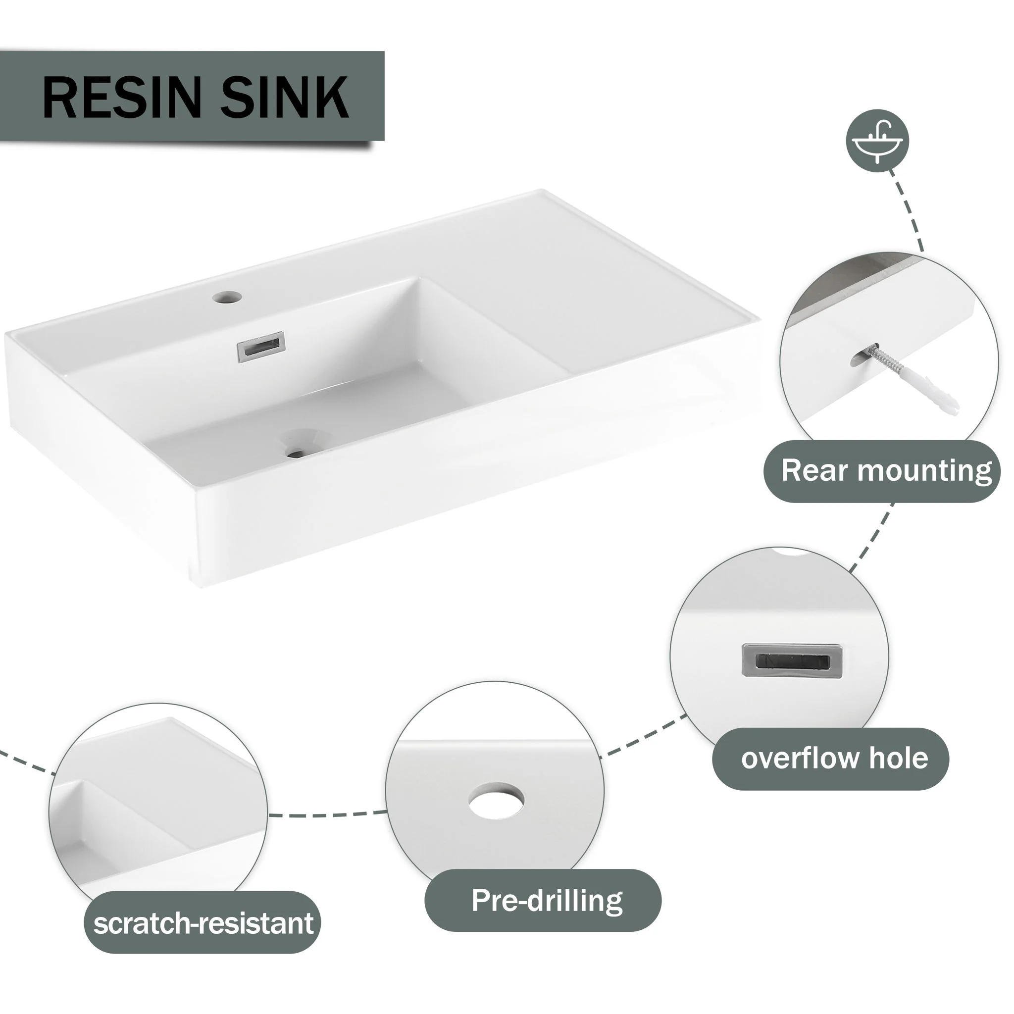 Modern Wall Mounted Bathroom Vanity With Resin Sink And Soft Close Drawer In Imitative - Imitative Oak - Image 7