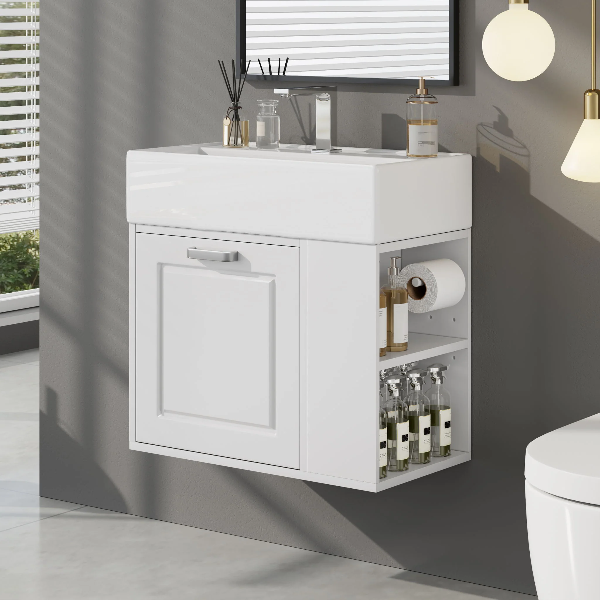 Modern Wall Mounted Bathroom Vanity With Sink, Soft Close Drawer, Adjustable Shelf, Toilet Paper Holder - Image 10